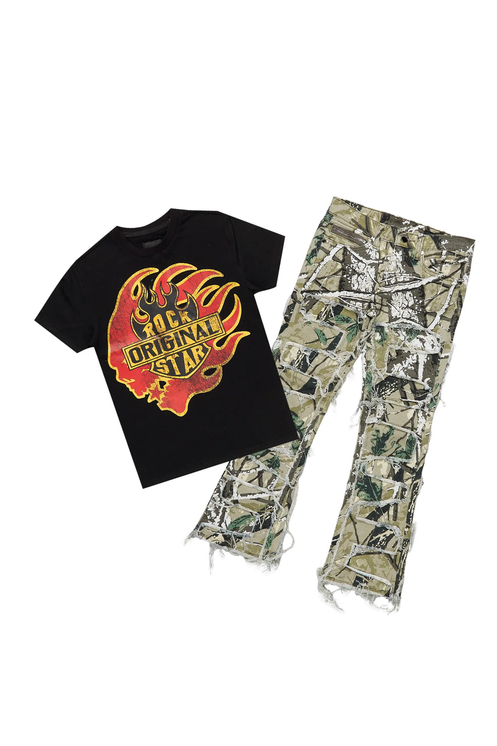 Boys Laran Black/Camo T-Shirt/Stacked Flare Jean