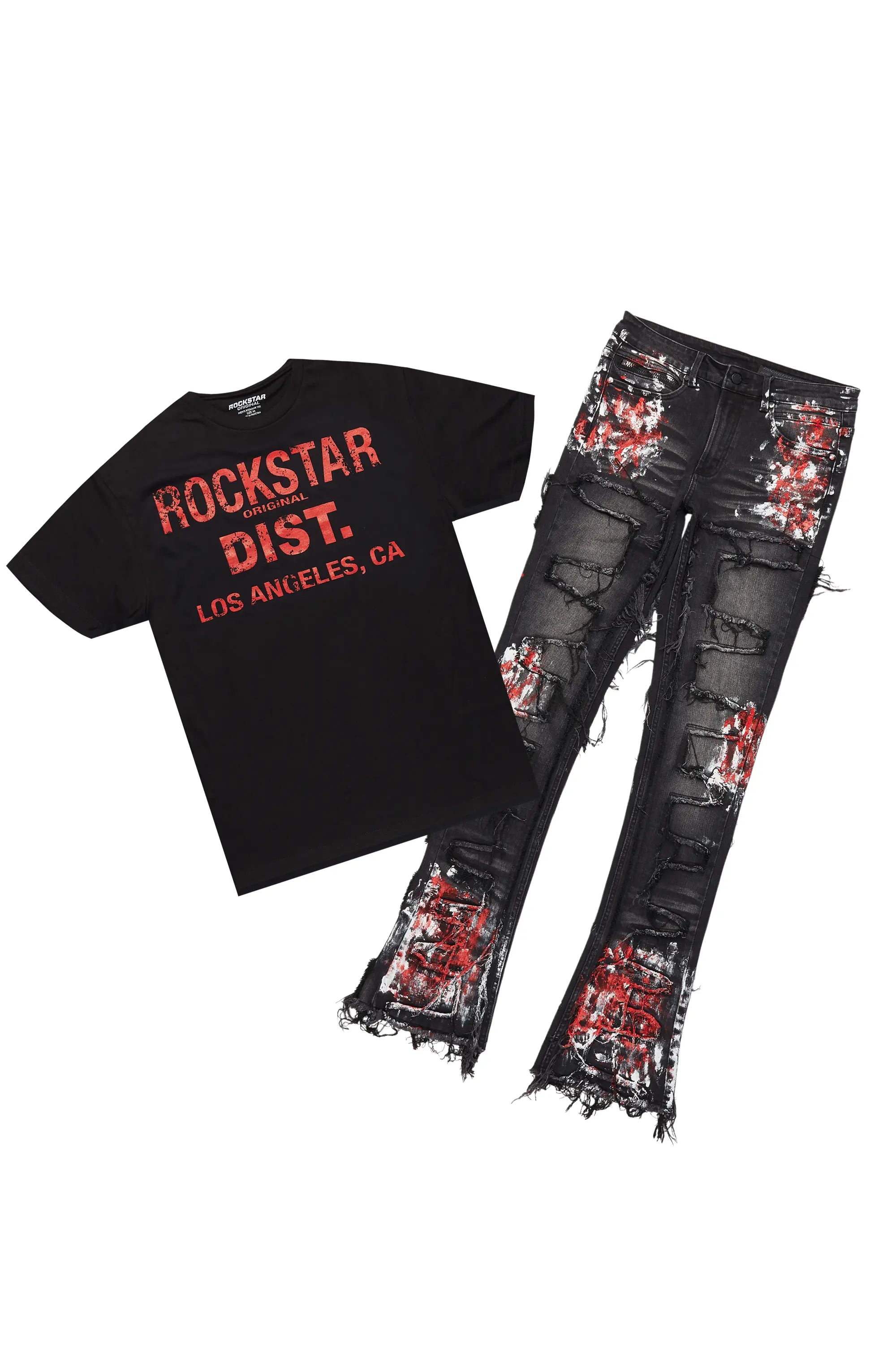 Saxon Dark Grey/Red T-Shirt/Stacked Flare Jean Set