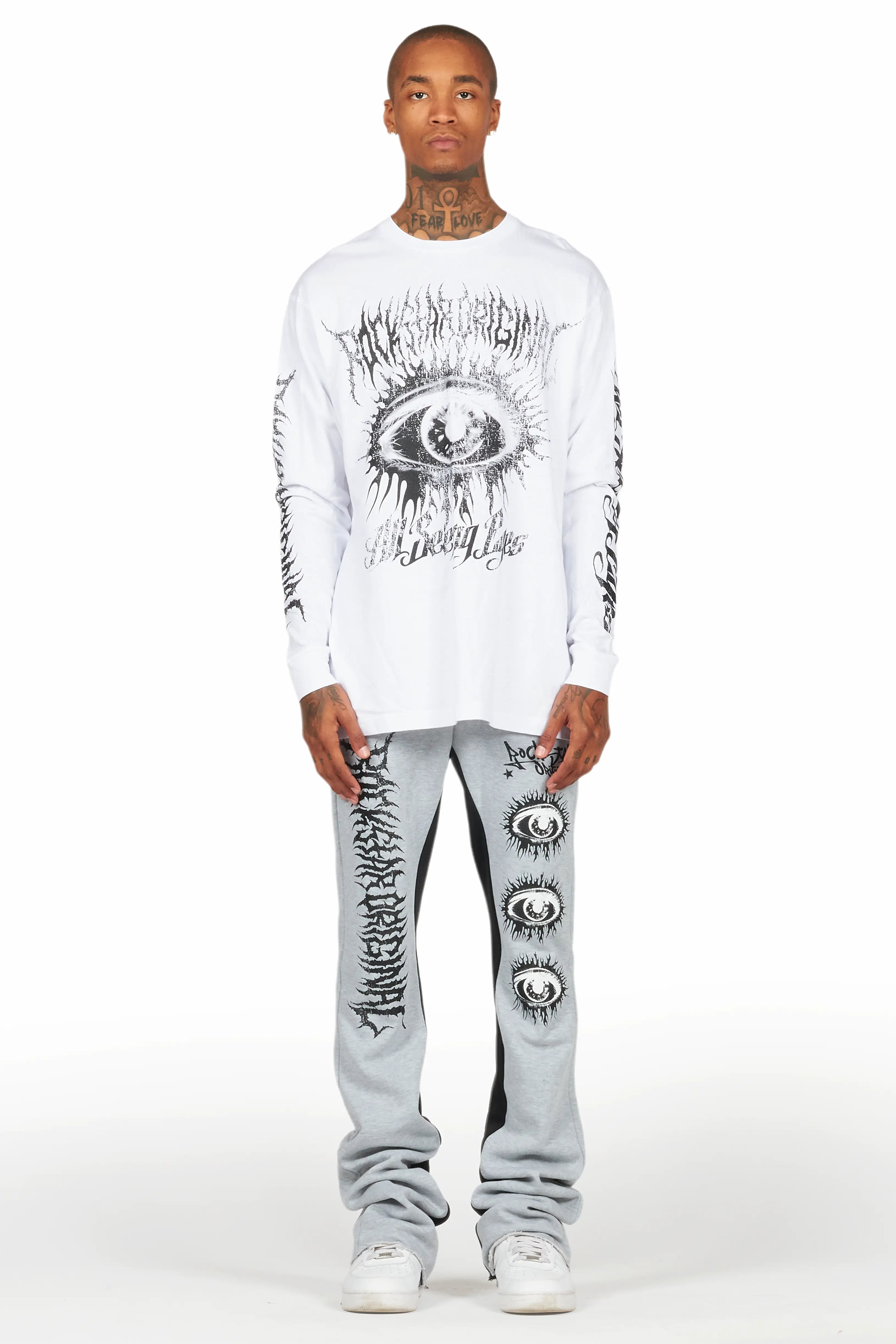 All Seeing Eyes White/Grey Long Sleeve T-Shirt/Baggy Pant Set