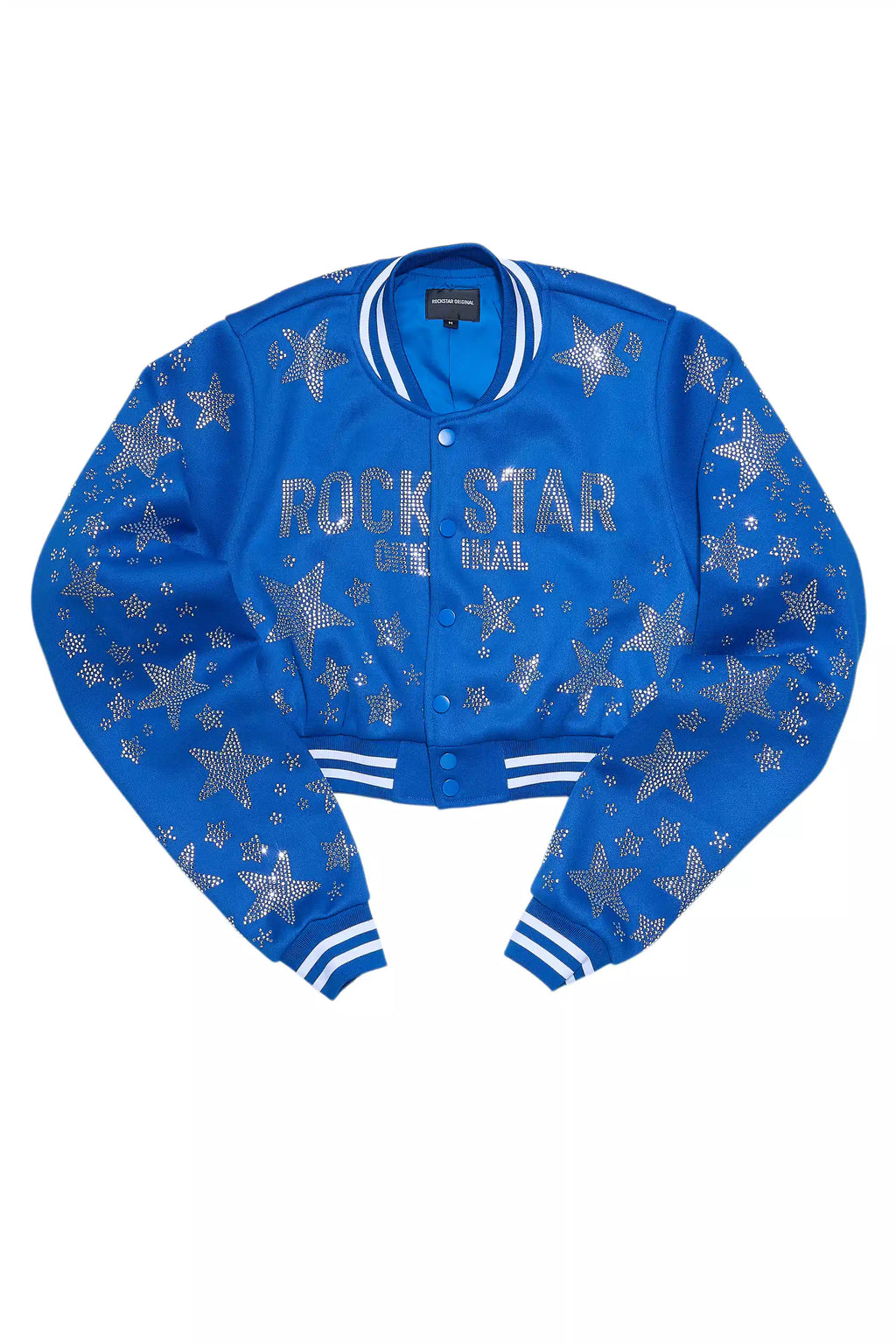 Shanda Royal Blue Crop Rhinestone Varsity Jacket