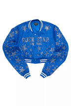 Shanda Royal Blue Crop Rhinestone Varsity Jacket