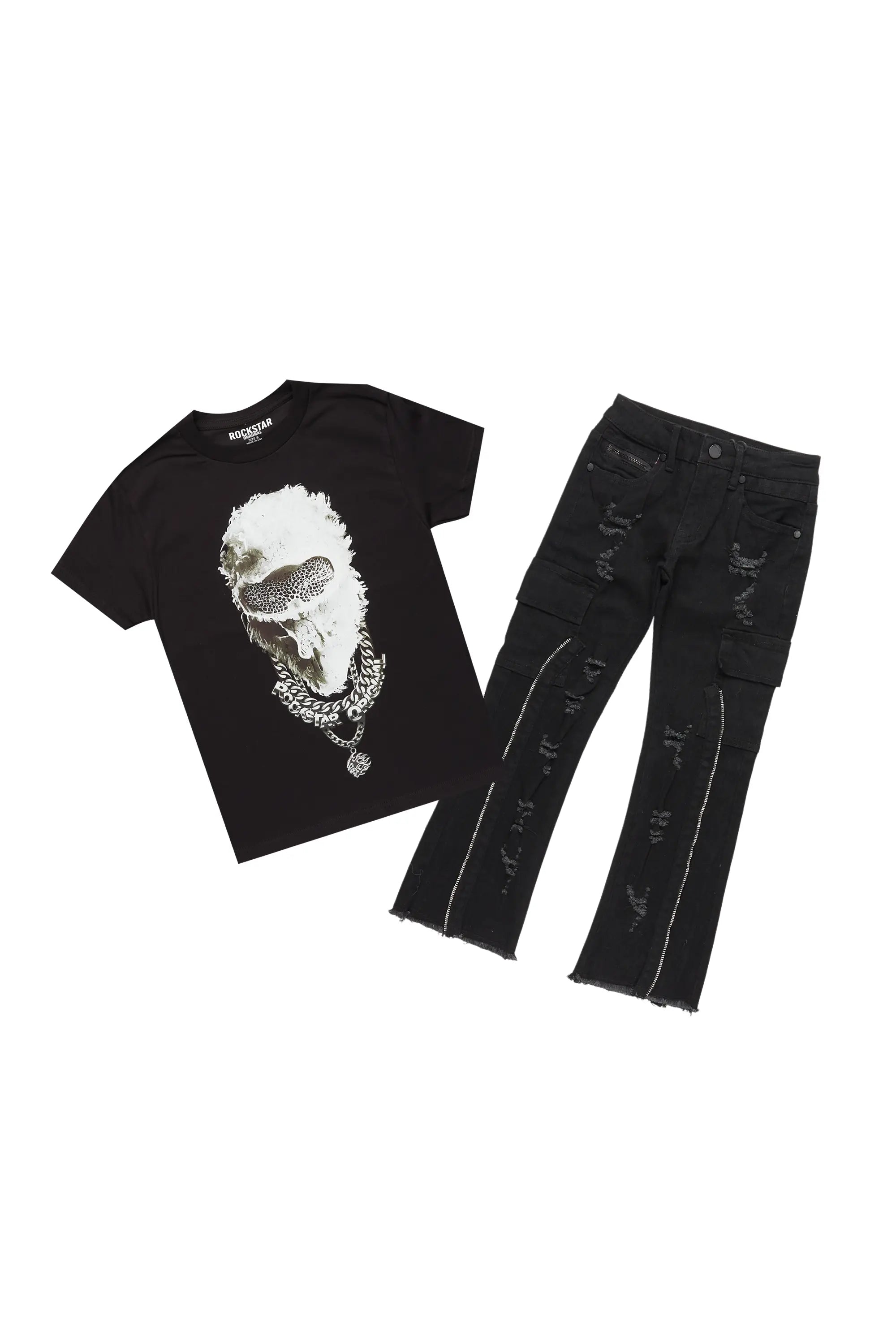 Boys Ponce Black T-Shirt/Stacked Flare Jean Set