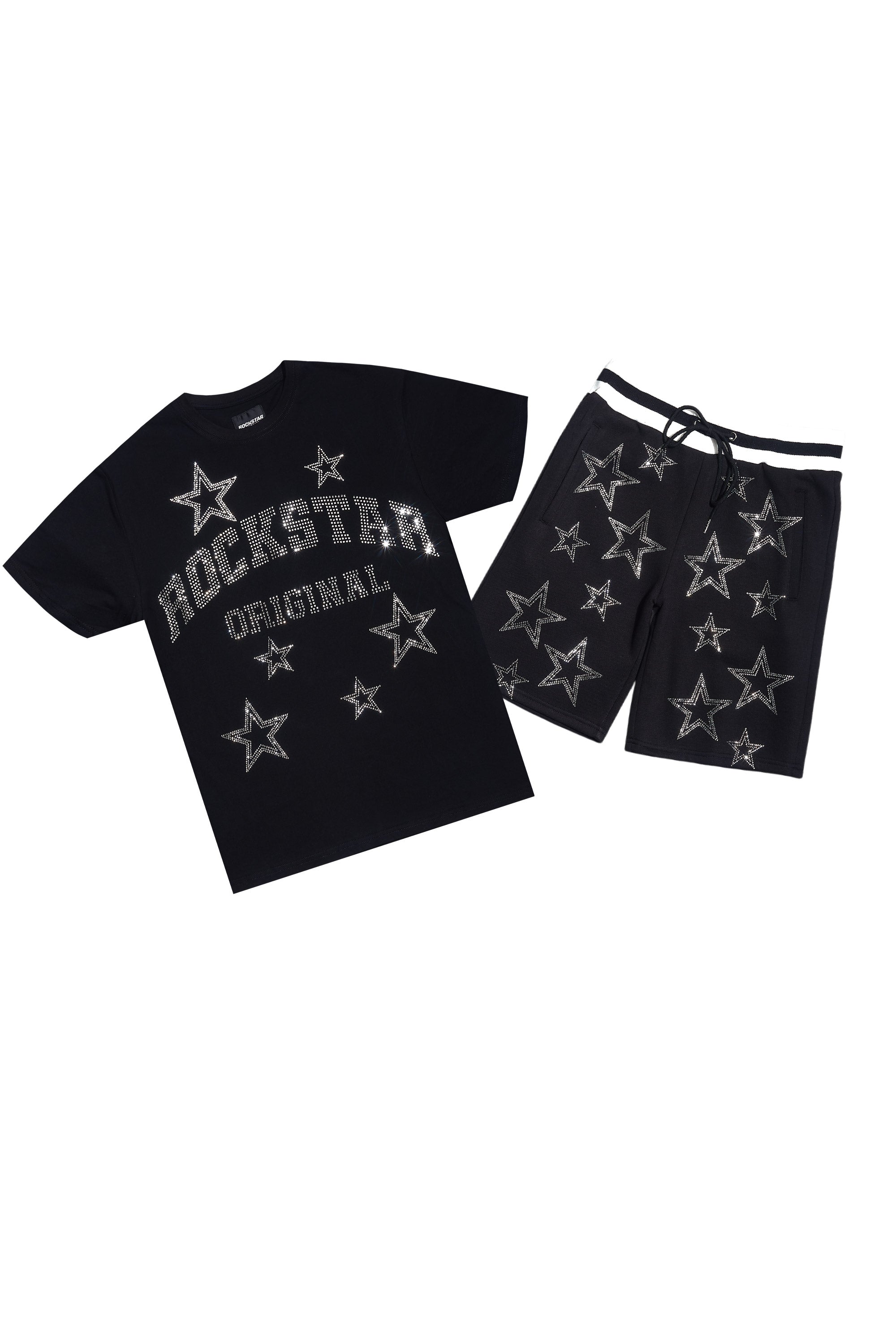Nox Black Rhinestone T Shirt Short Set