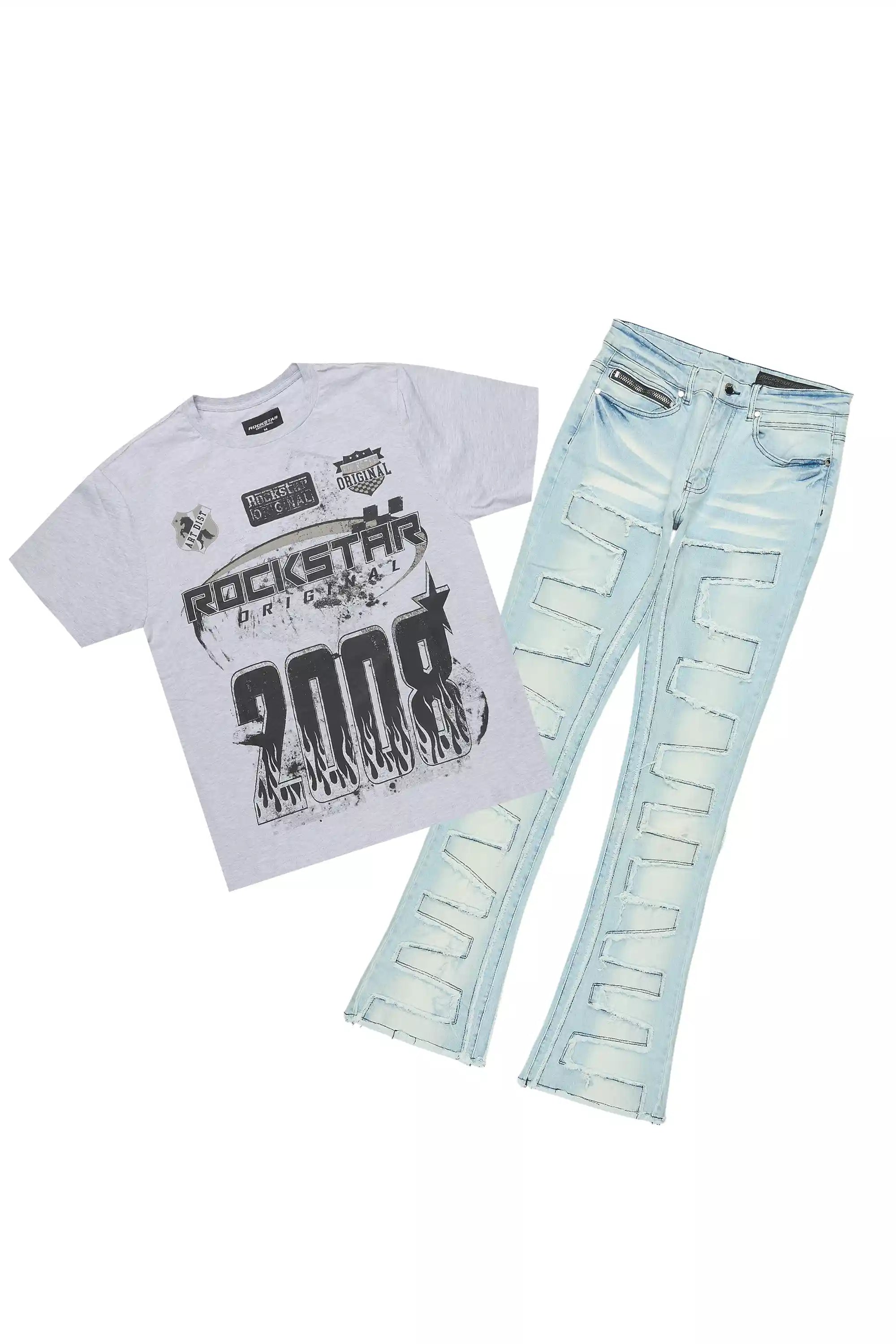 Amos Heather Grey Graphic T-Shirt/Stacked Flare Jean Bundle
