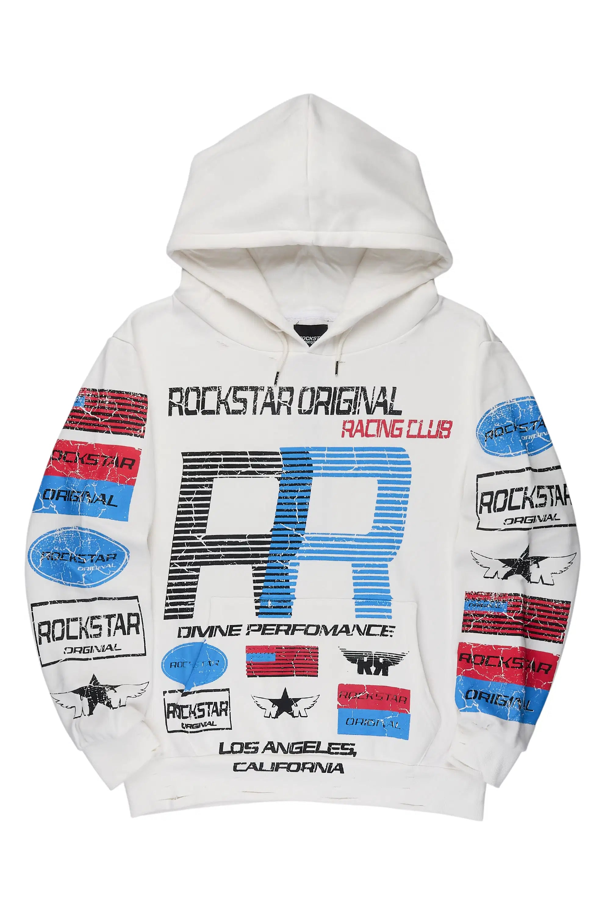 Rso Racing Club White Distressed Graphic Relaxed Hoodie