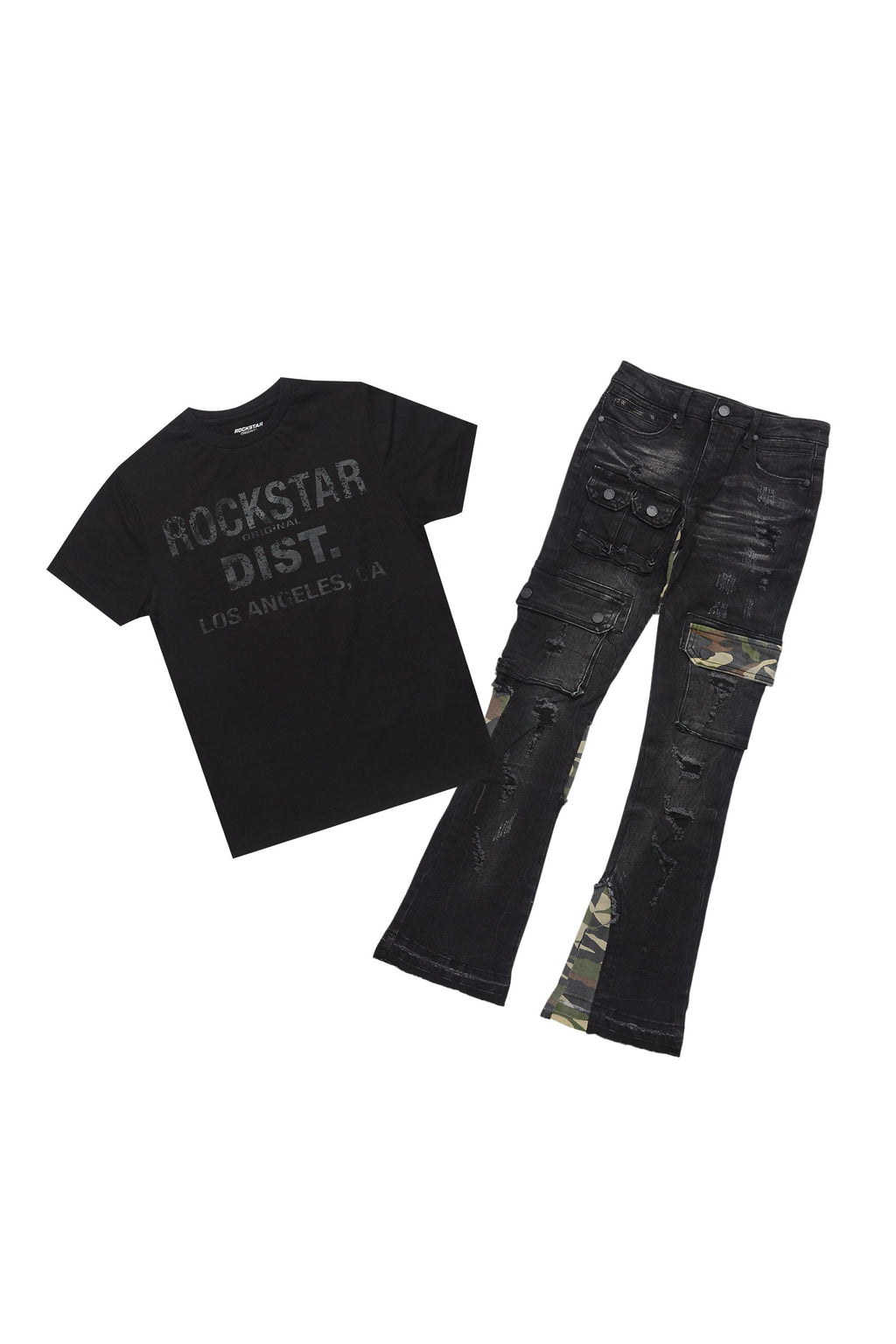 Boys Koen Black/Green T-Shirt/Stacked Flare Jean Set