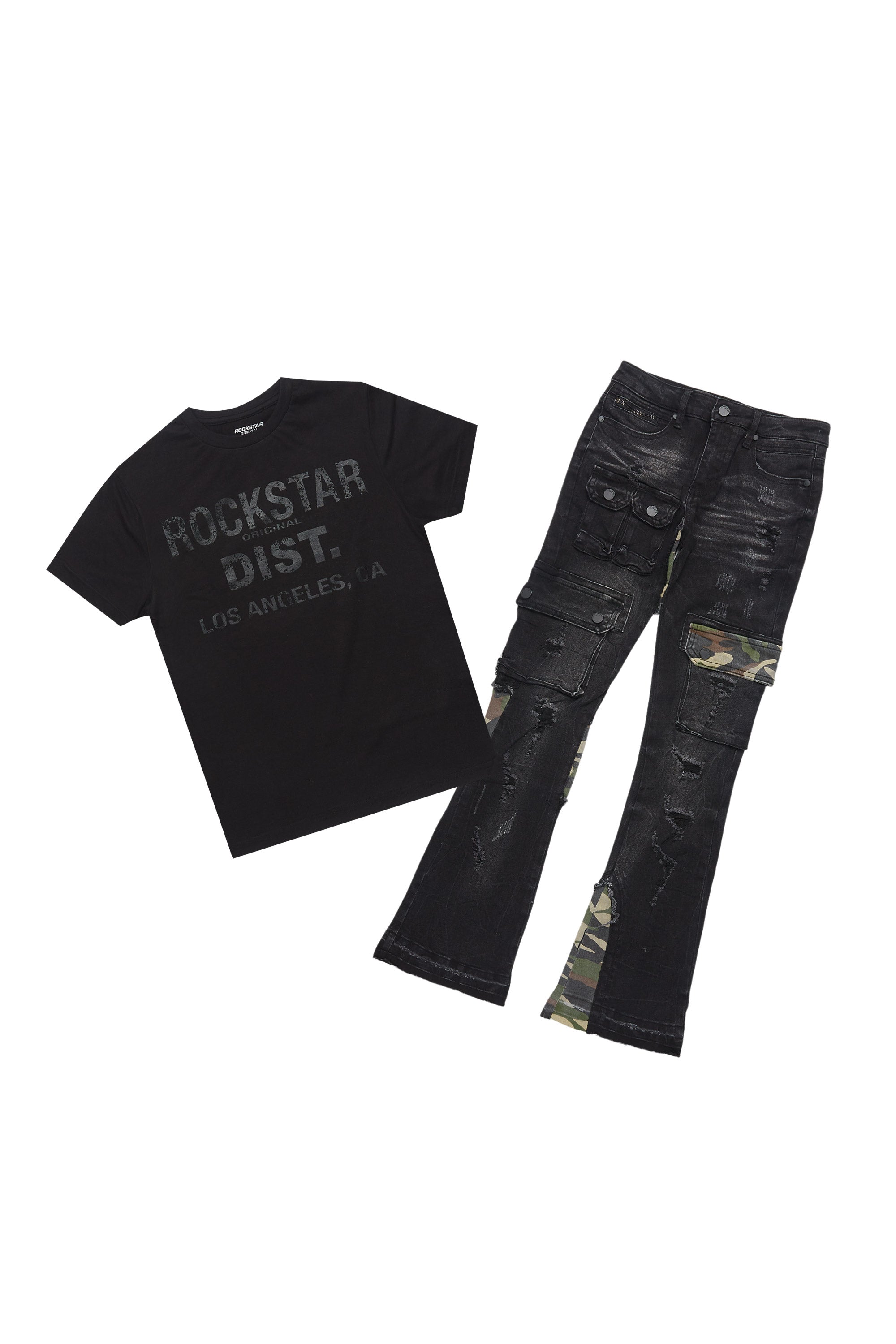 Boys Koen Black/Green T-Shirt/Stacked Flare Jean Set
