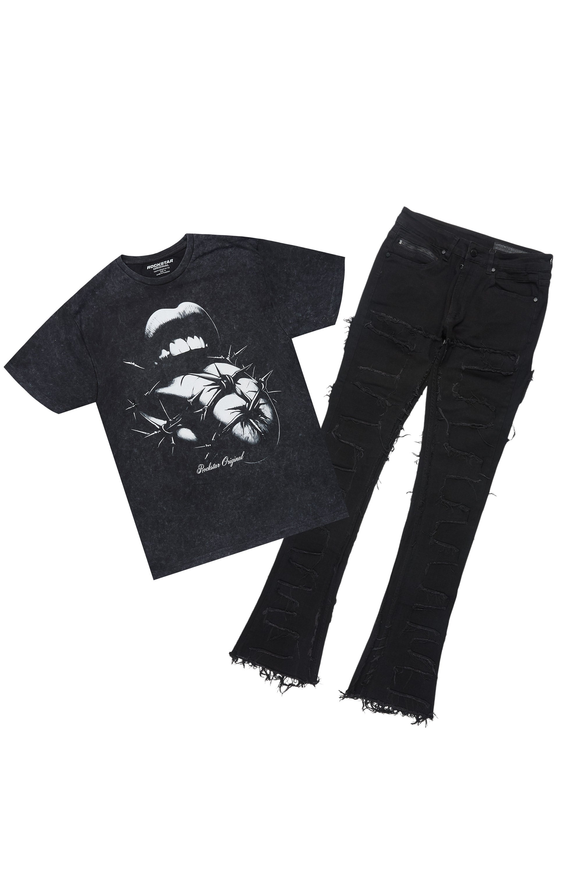 Schmear Vintage Black T-Shirt/Stacked Flare Jean Bundle