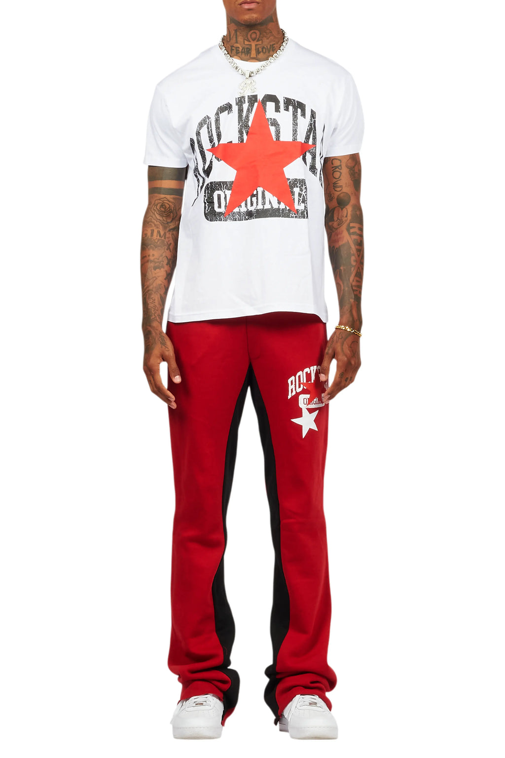 Mallor White/Burgundy T-Shirt/Stacked Baggy Track Pant Set