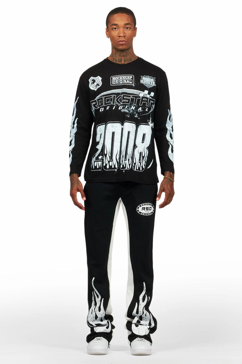 Amos Black/White Long Sleeve T-Shirt/Stacked Baggy Pant Set