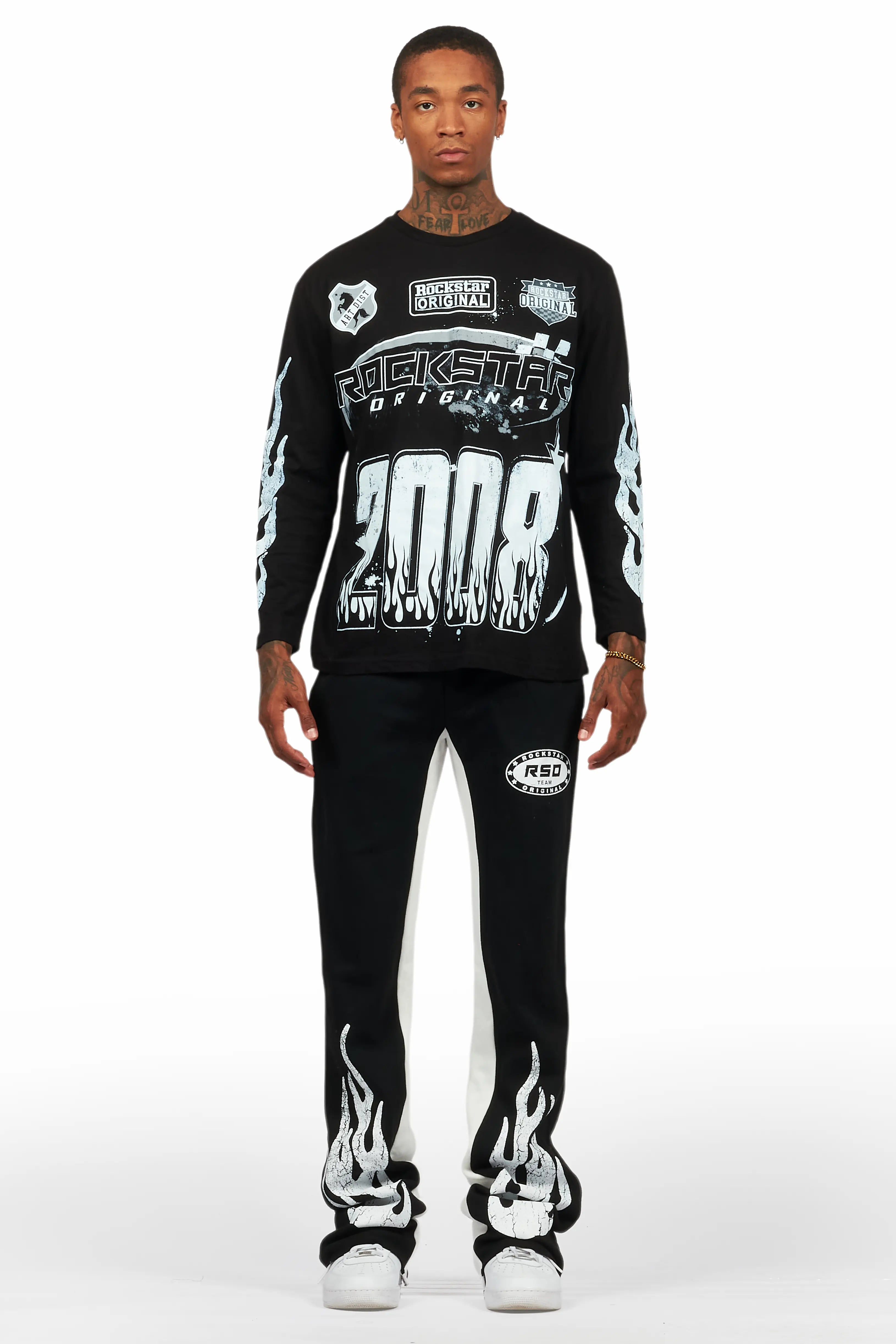 Amos Black/White Long Sleeve T-Shirt/Stacked Baggy Pant Set