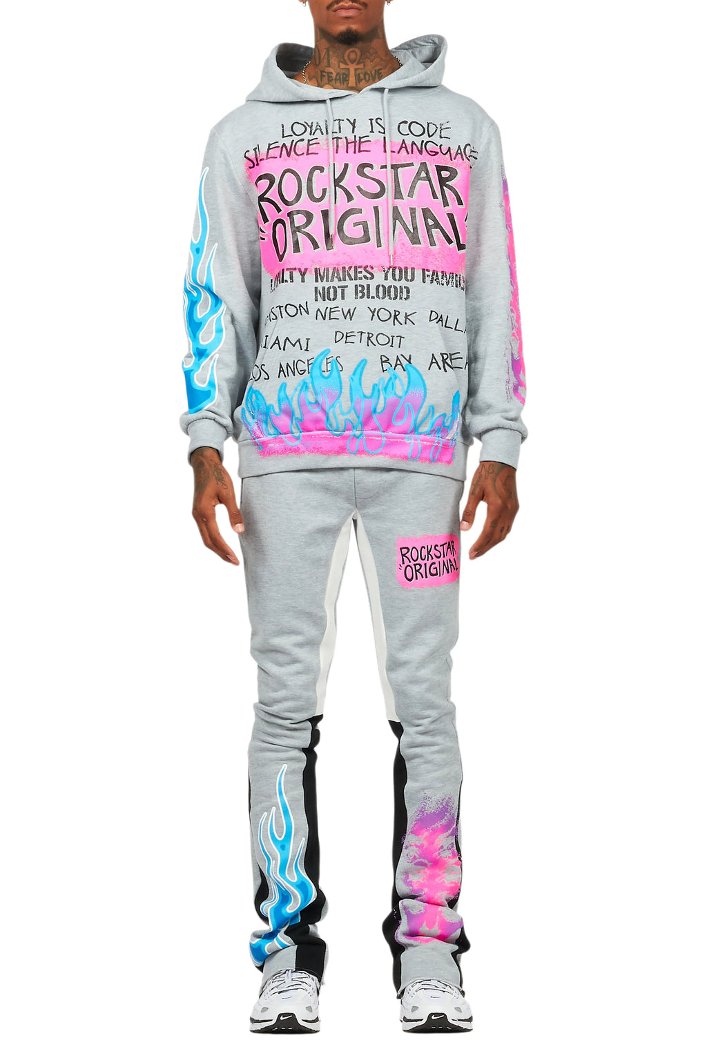 Beno Heather Grey Stacked Flare Hoodie Track Set