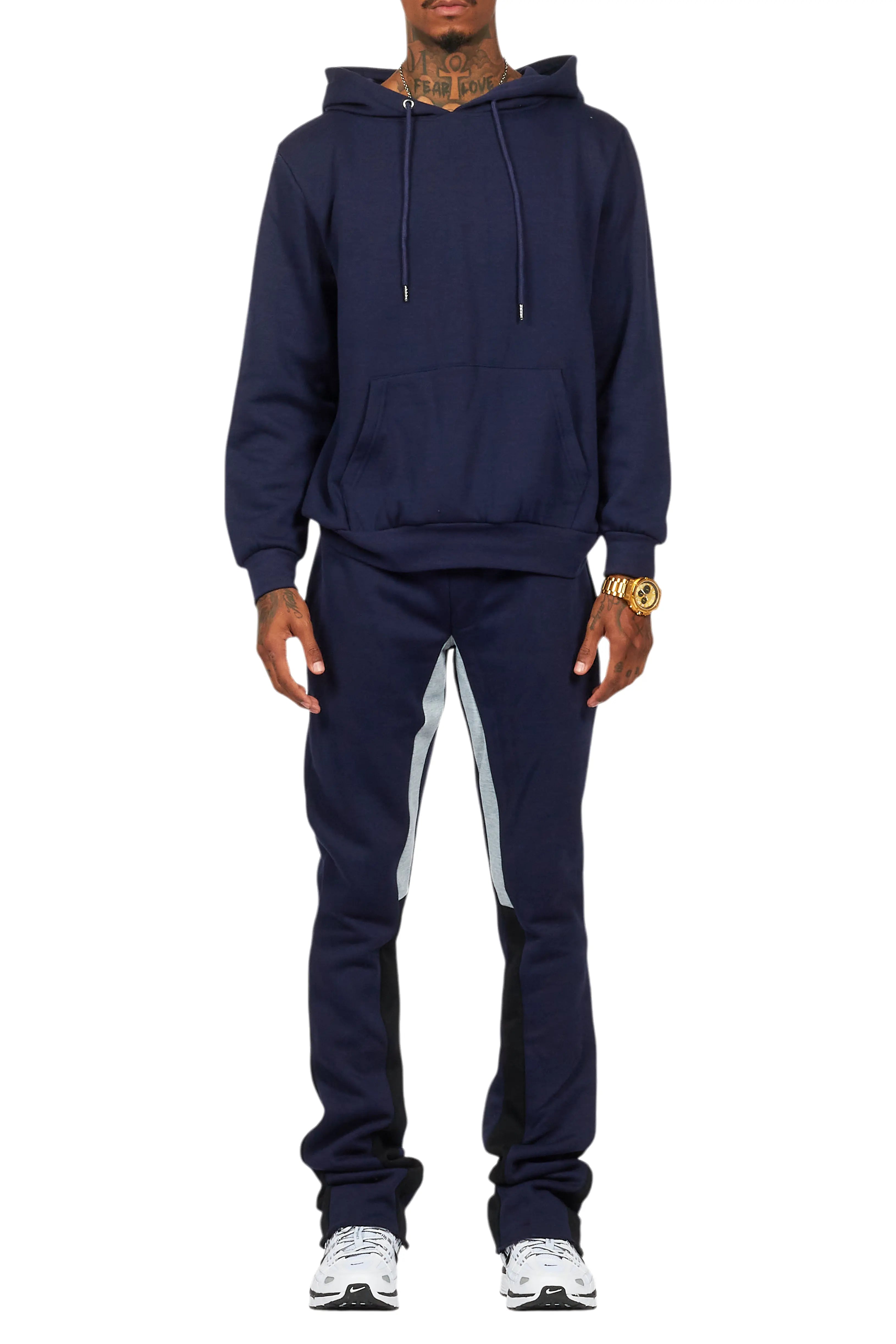 Basic Navy Hoodie/Stacked Flare Track Set