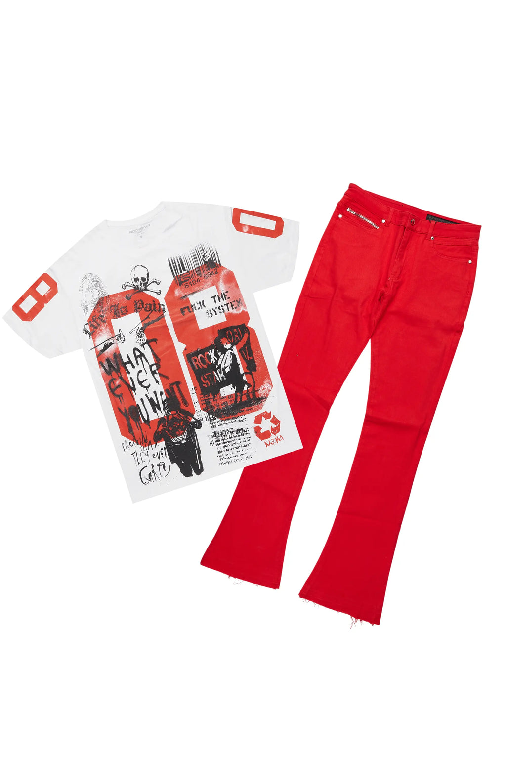 Grill White/Red Oversized Graphic T-Shirt/Dag Stacked Flare Jean Set
