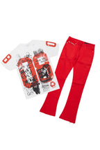 Grill White/Red Oversized Graphic T-Shirt/Dag Stacked Flare Jean Set