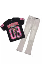 Fields Black Oversized Graphic T-Shirt/Painted Stacked Flare Jean