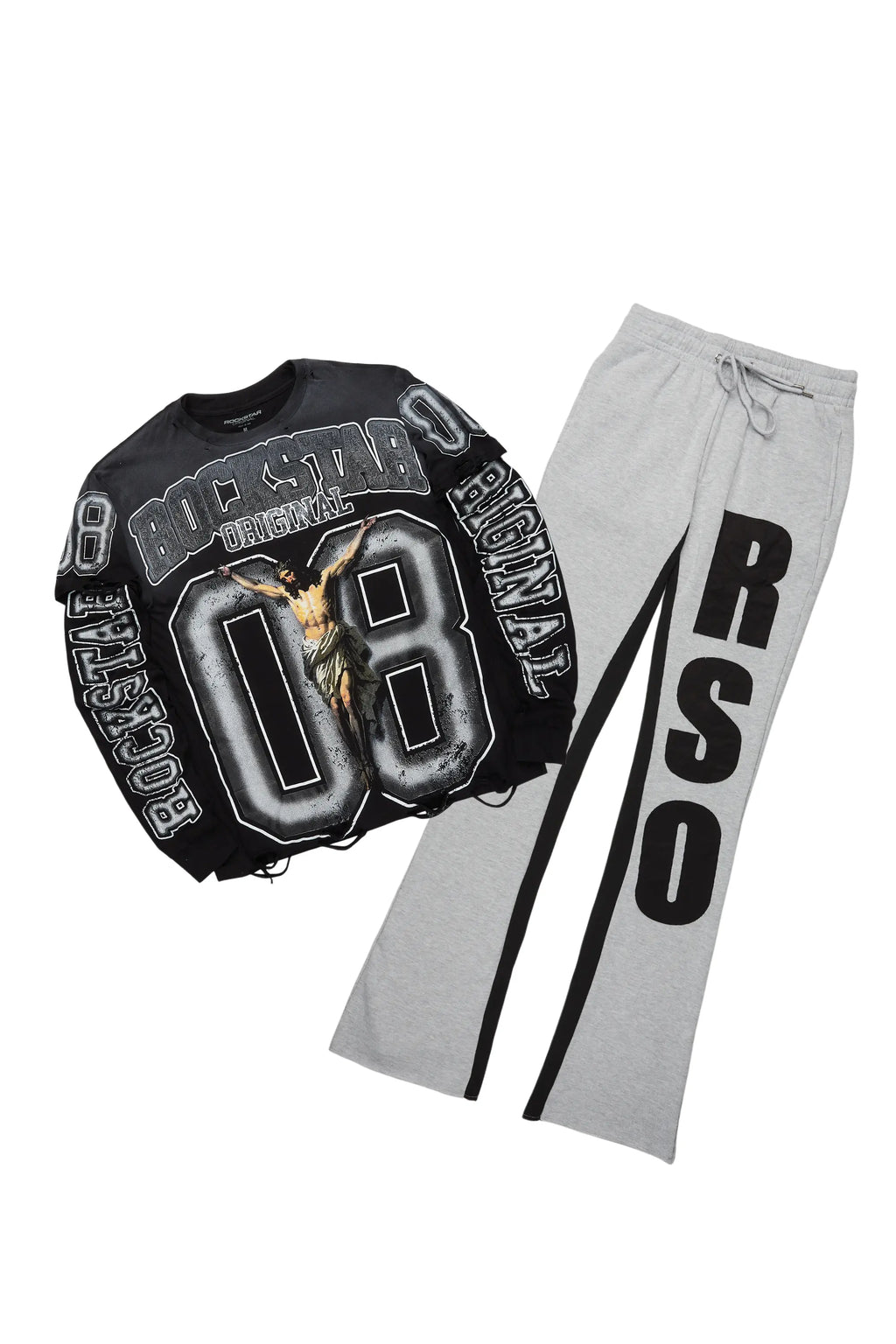 Fields Black/Grey Double Layer T-Shirt/Stacked Baggy Track Set