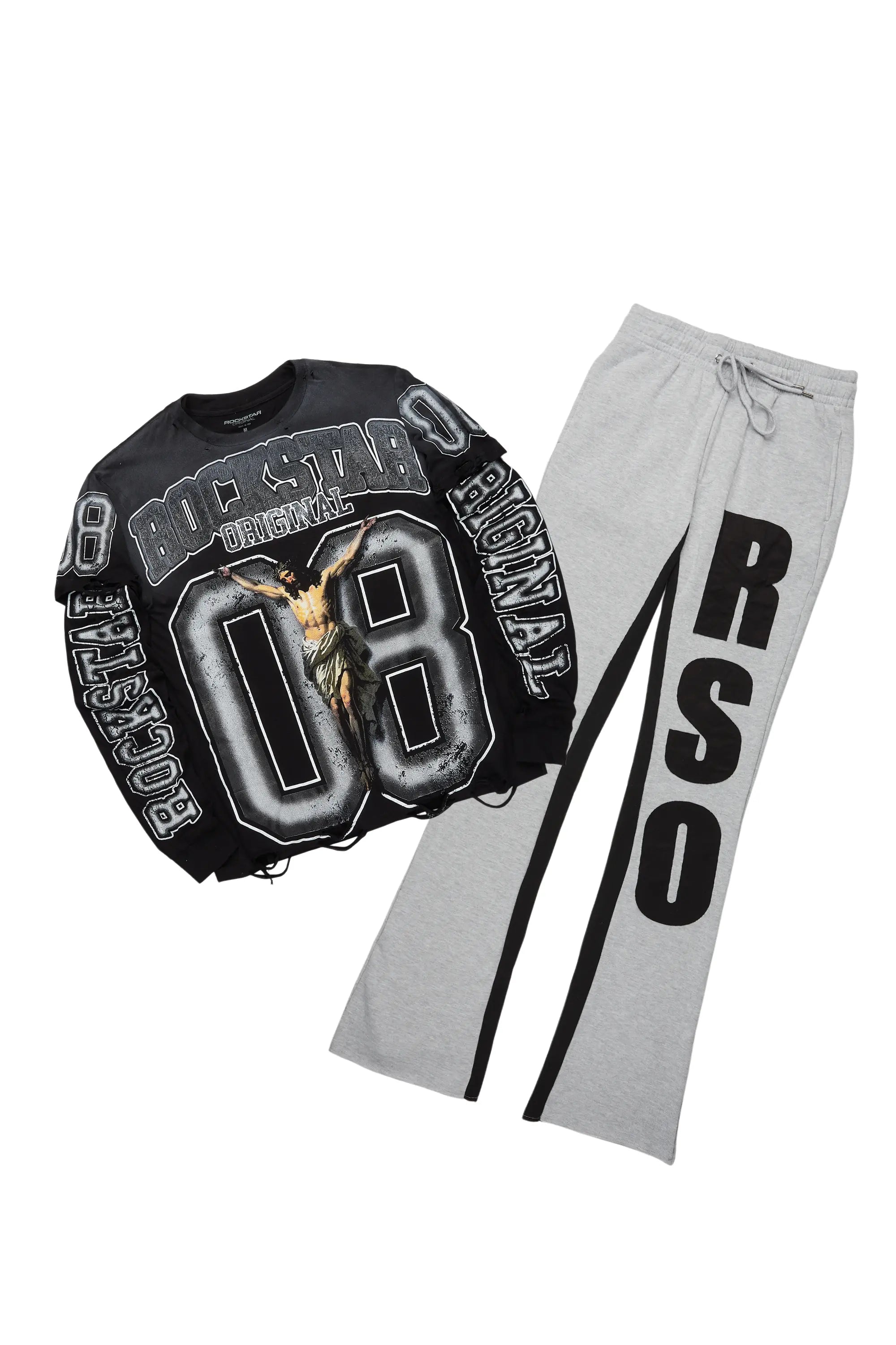 Fields Black/Grey Double Layer T-Shirt/Stacked Baggy Track Set