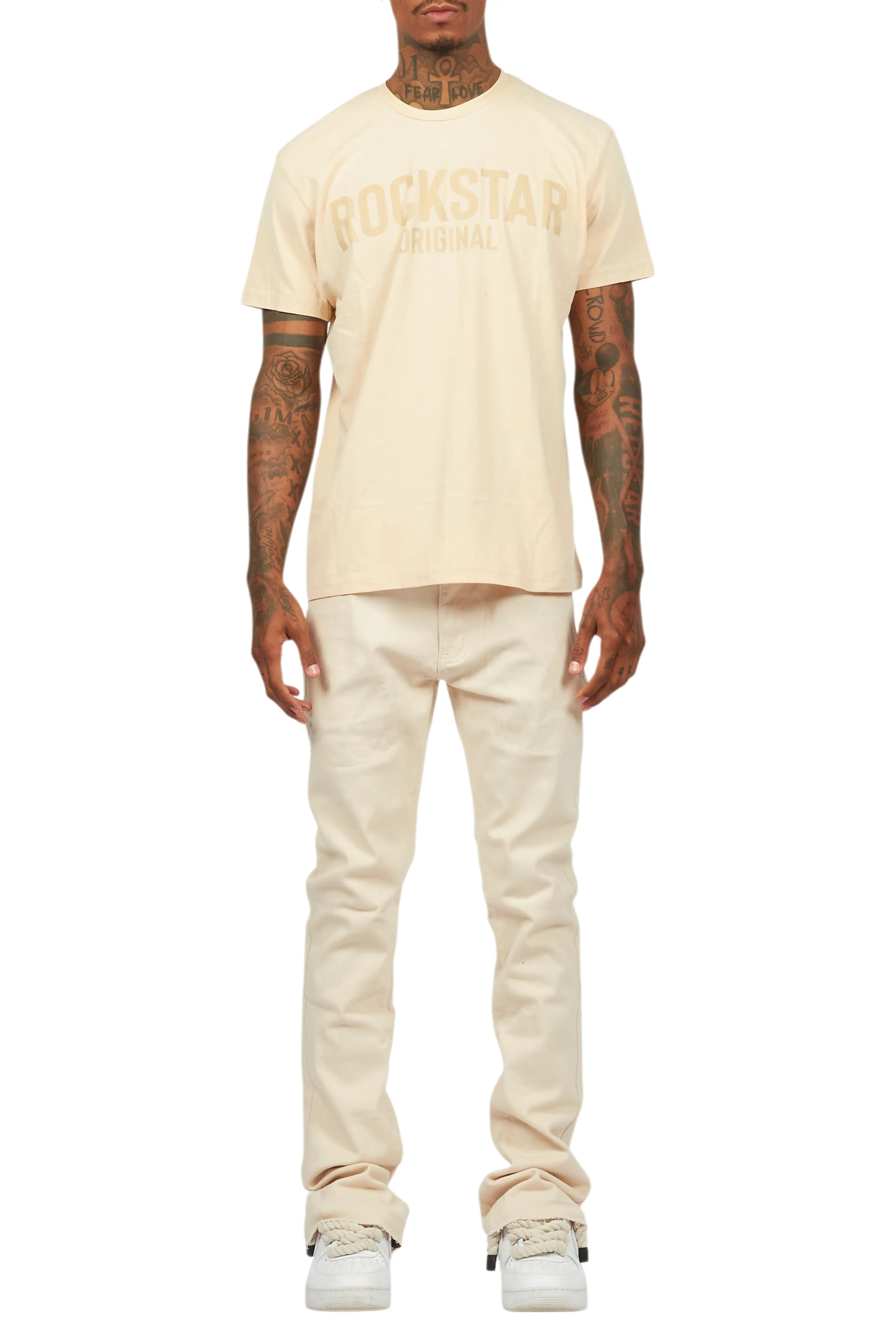 Sana Sand/Beige T-Shirt/Dag Stacked Flare Jean Set