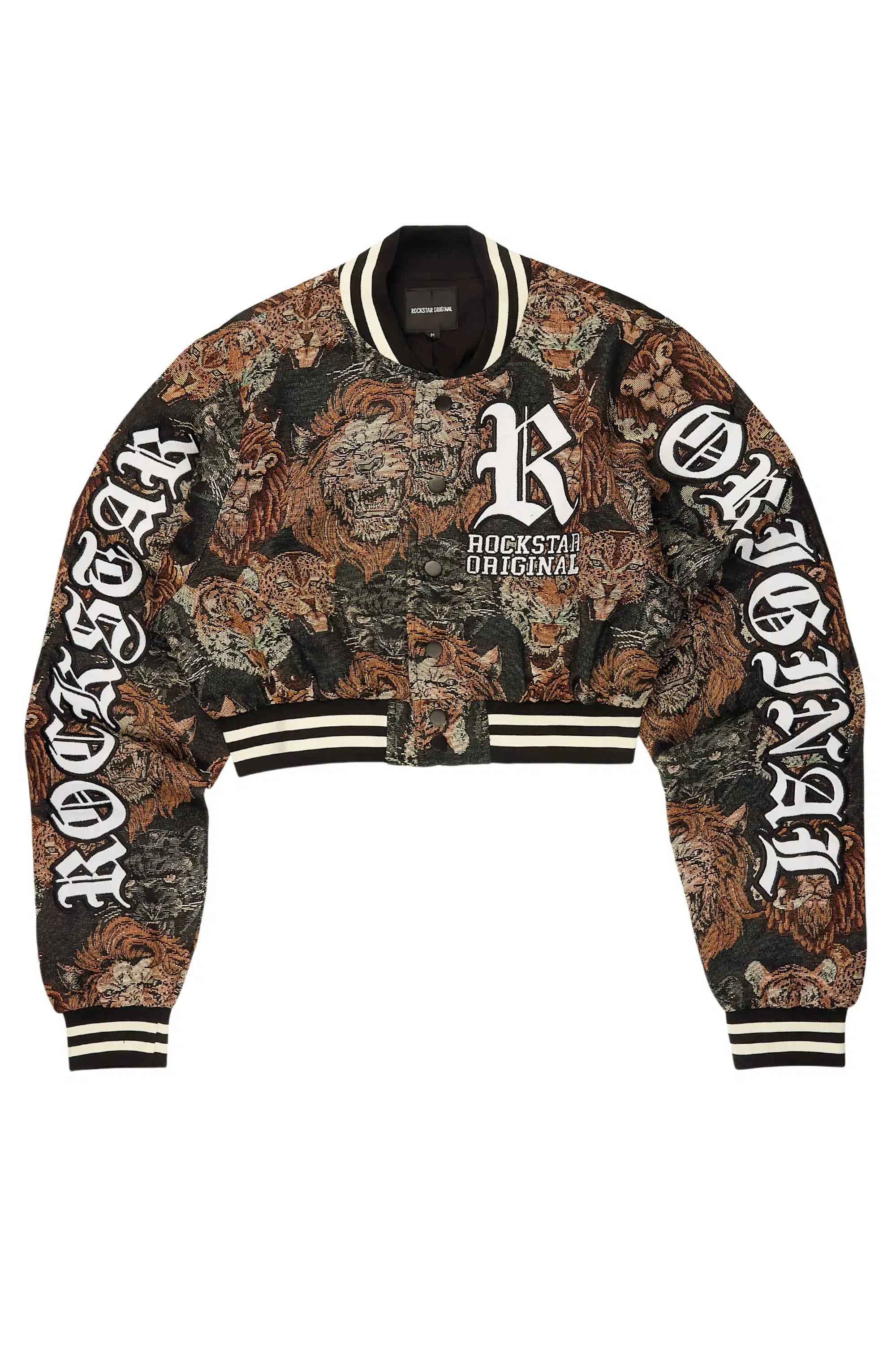 Khadiyah Black Crop Tapestry Varsity Jacket