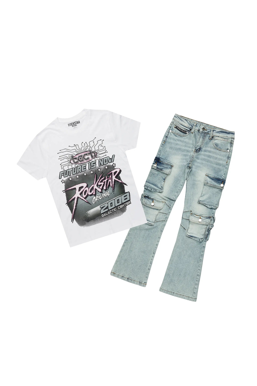 Girls Racing White T-Shirt/Baggy Fit Jean Set