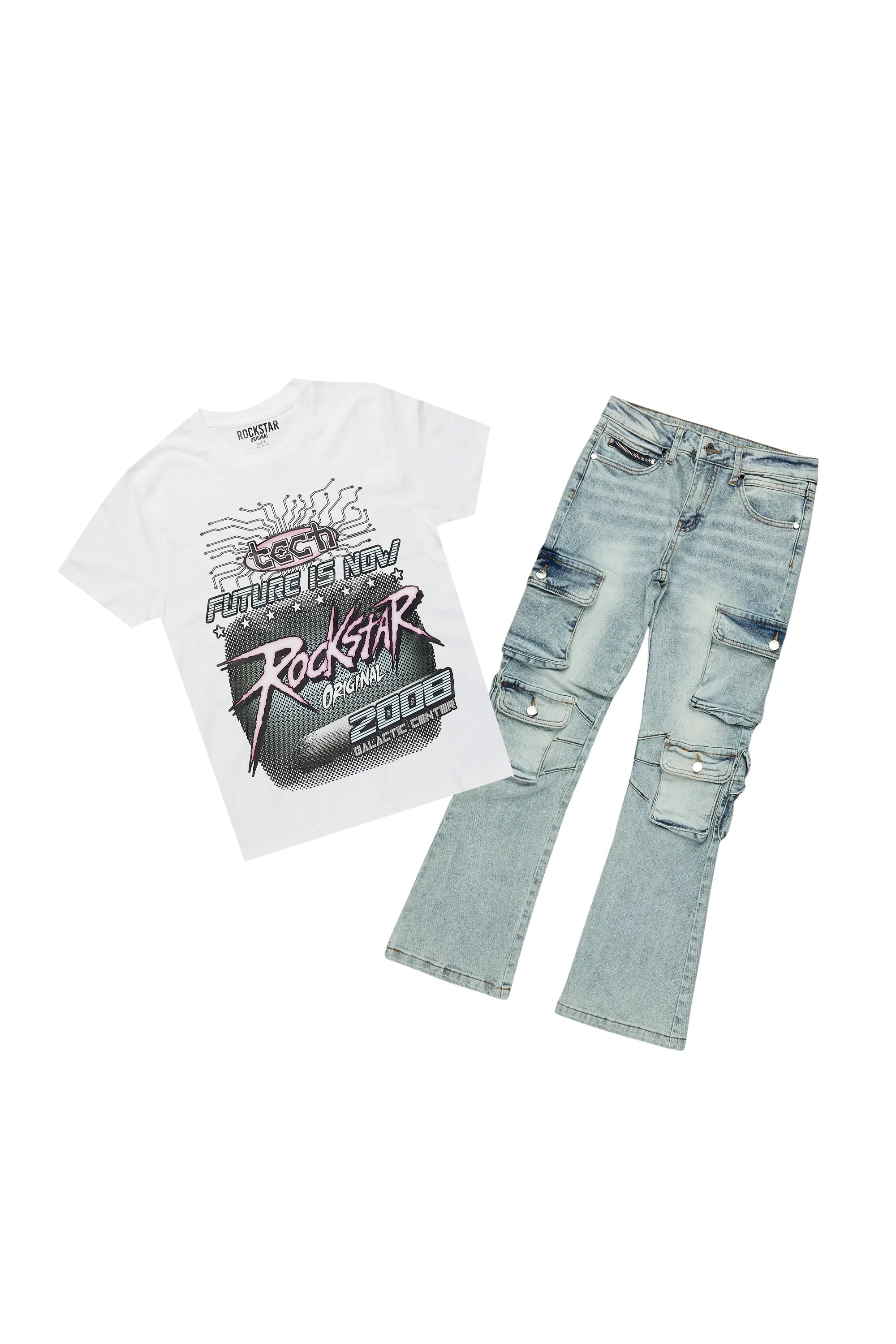Girls Racing White T-Shirt/Baggy Fit Jean Set