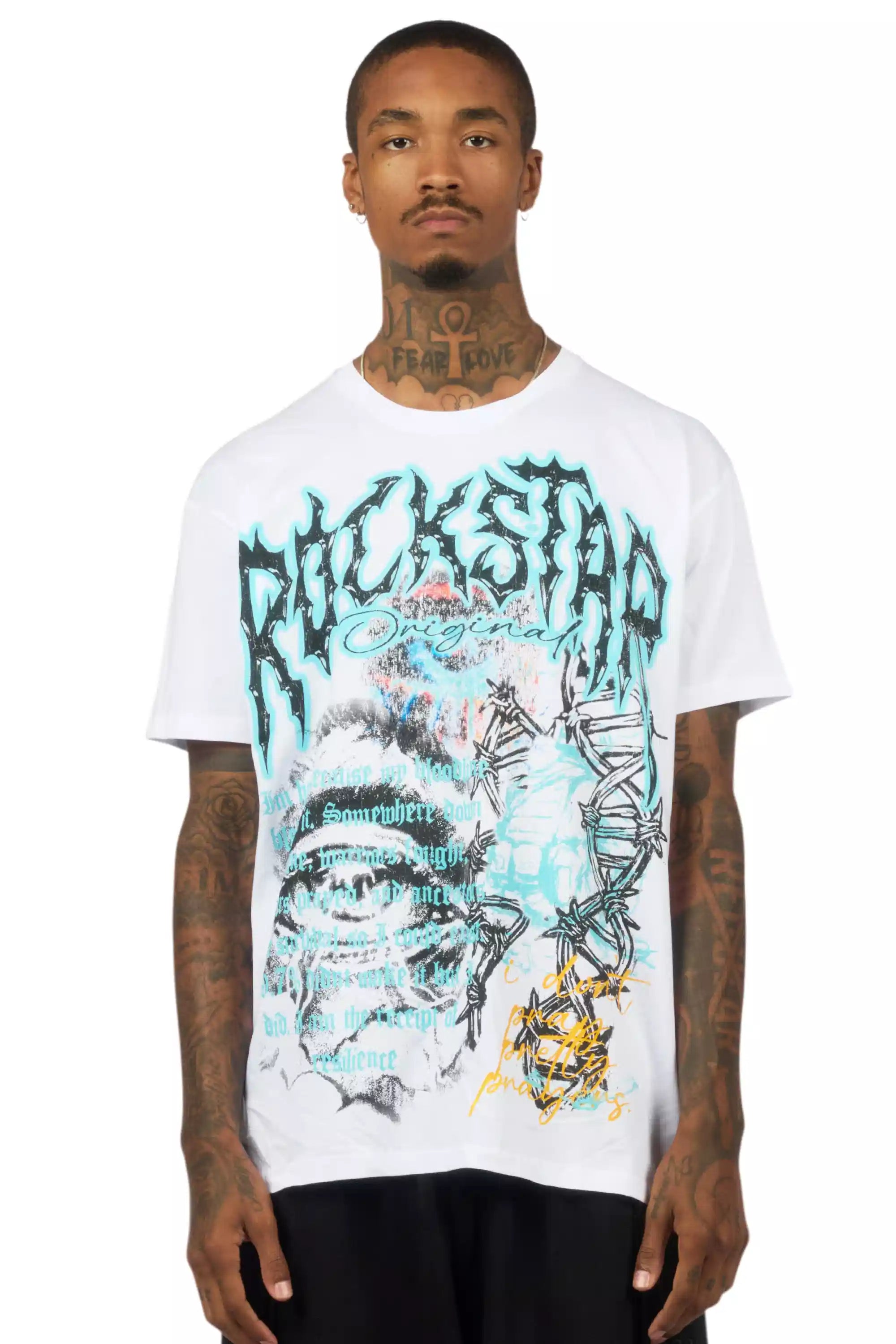 Drai White/Blue Oversized Graphic T-Shirt