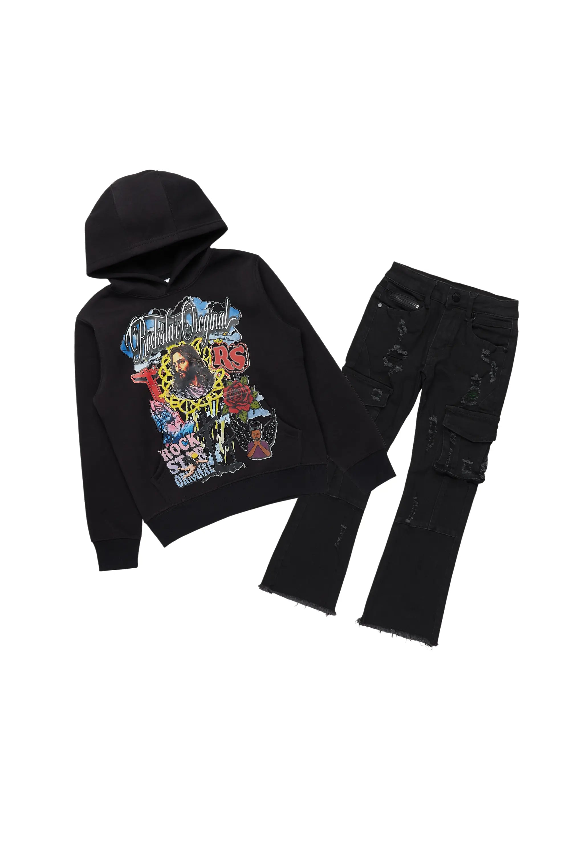 Boys Tadashi Black Hoodie/Stacked Flare Jean Set