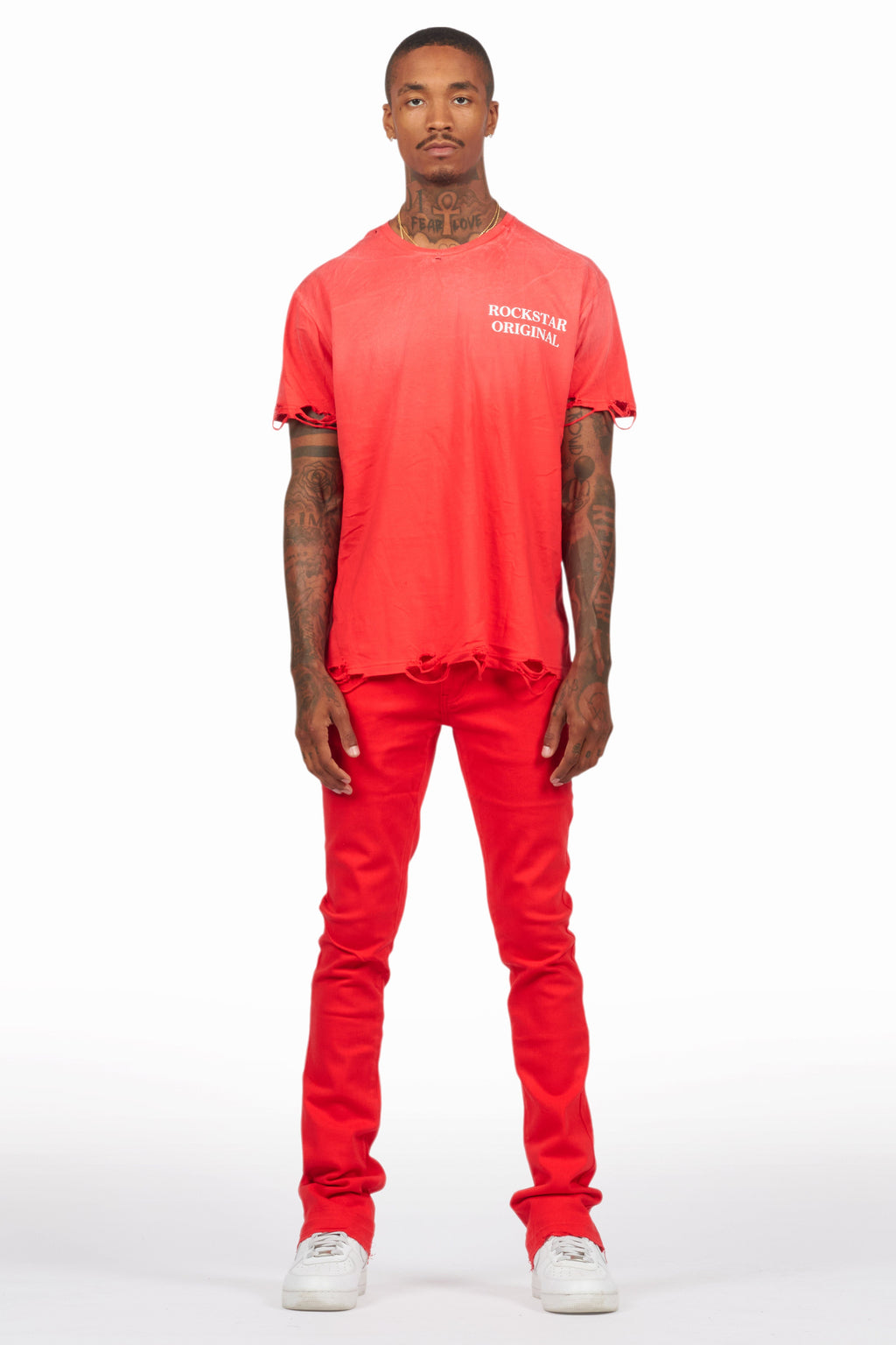 Drako Red/White Oversized Graphic T-Shirt/Dag Stacked Flare Jean Set