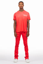 Drako Red/White Oversized Graphic T-Shirt/Dag Stacked Flare Jean Set