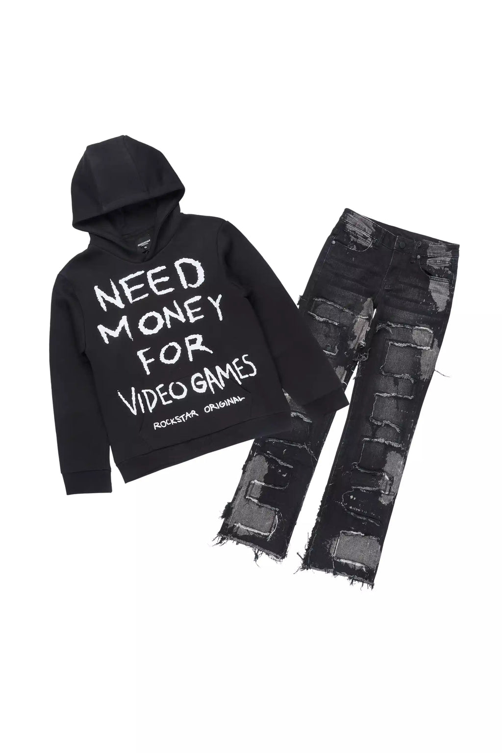 Boys M4 Video Games Black Hoodie Stacked Jean Set