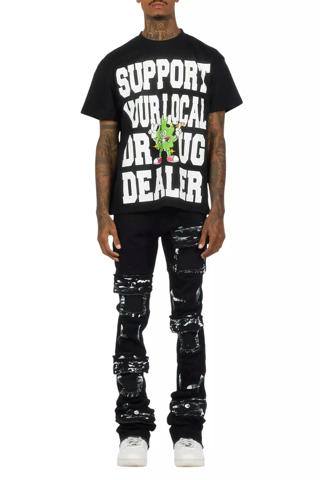 Tarl Black Oversized T-Shirt/Painted Super Stacked Flare Jean Bundle