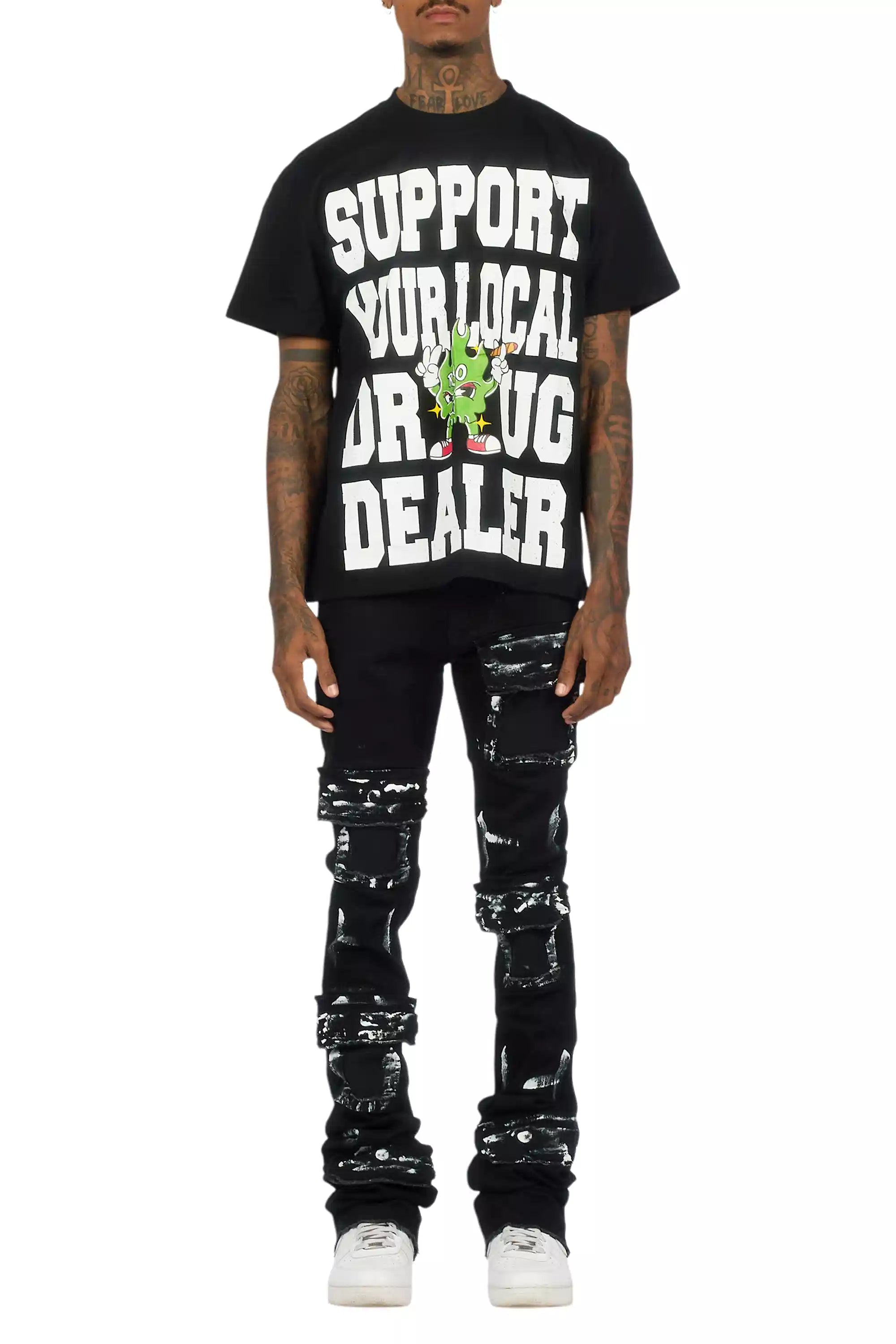 Tarl Black Oversized T-Shirt/Painted Super Stacked Flare Jean Bundle