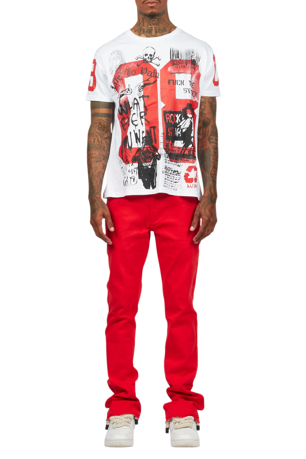 Grill White/Red Oversized Graphic T-Shirt/Dag Stacked Flare Jean Set