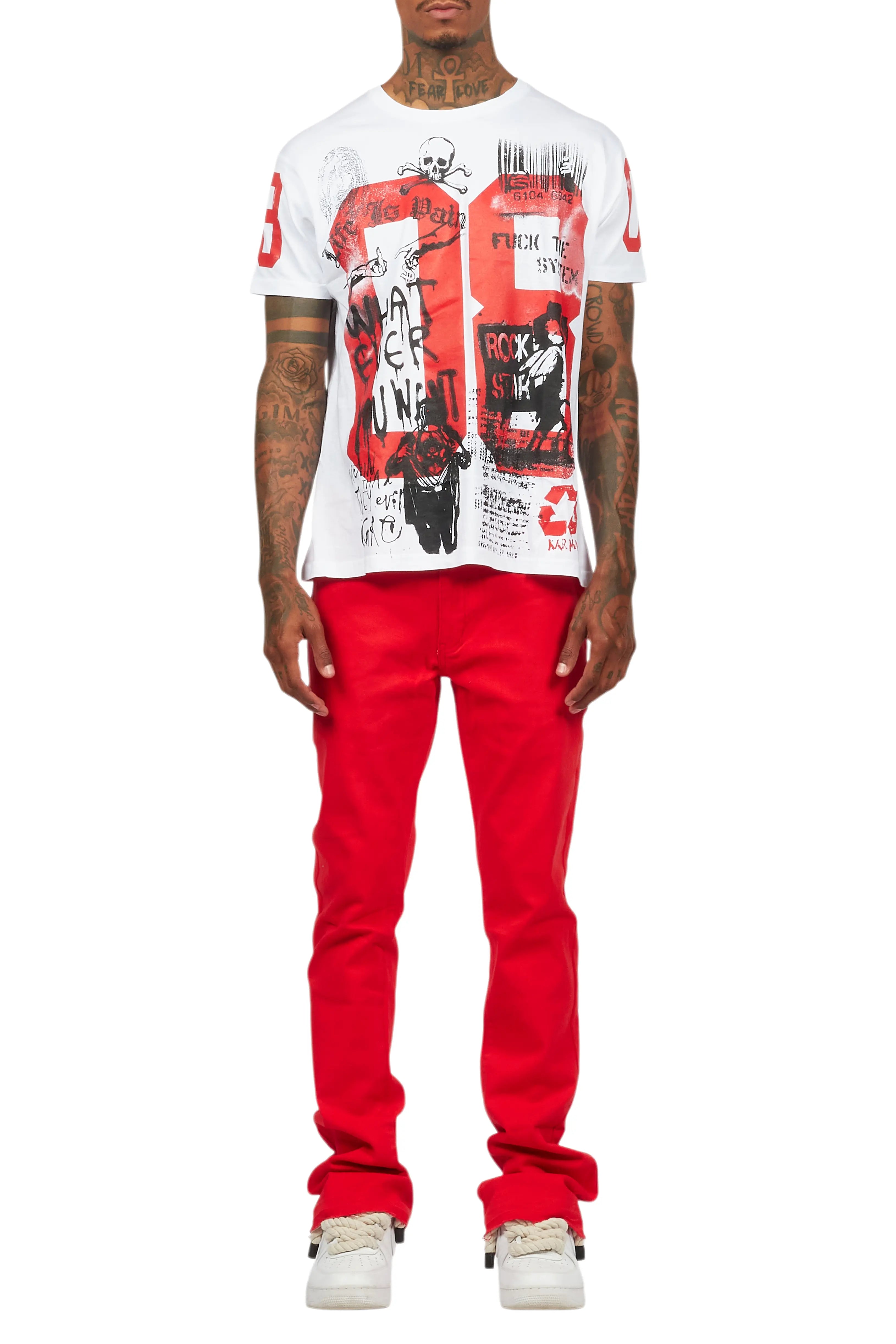 Grill White/Red Oversized Graphic T-Shirt/Dag Stacked Flare Jean Set