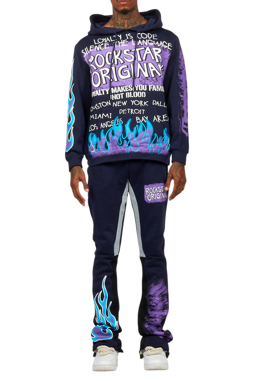 Beno Navy Stacked Flare Hoodie Track Set