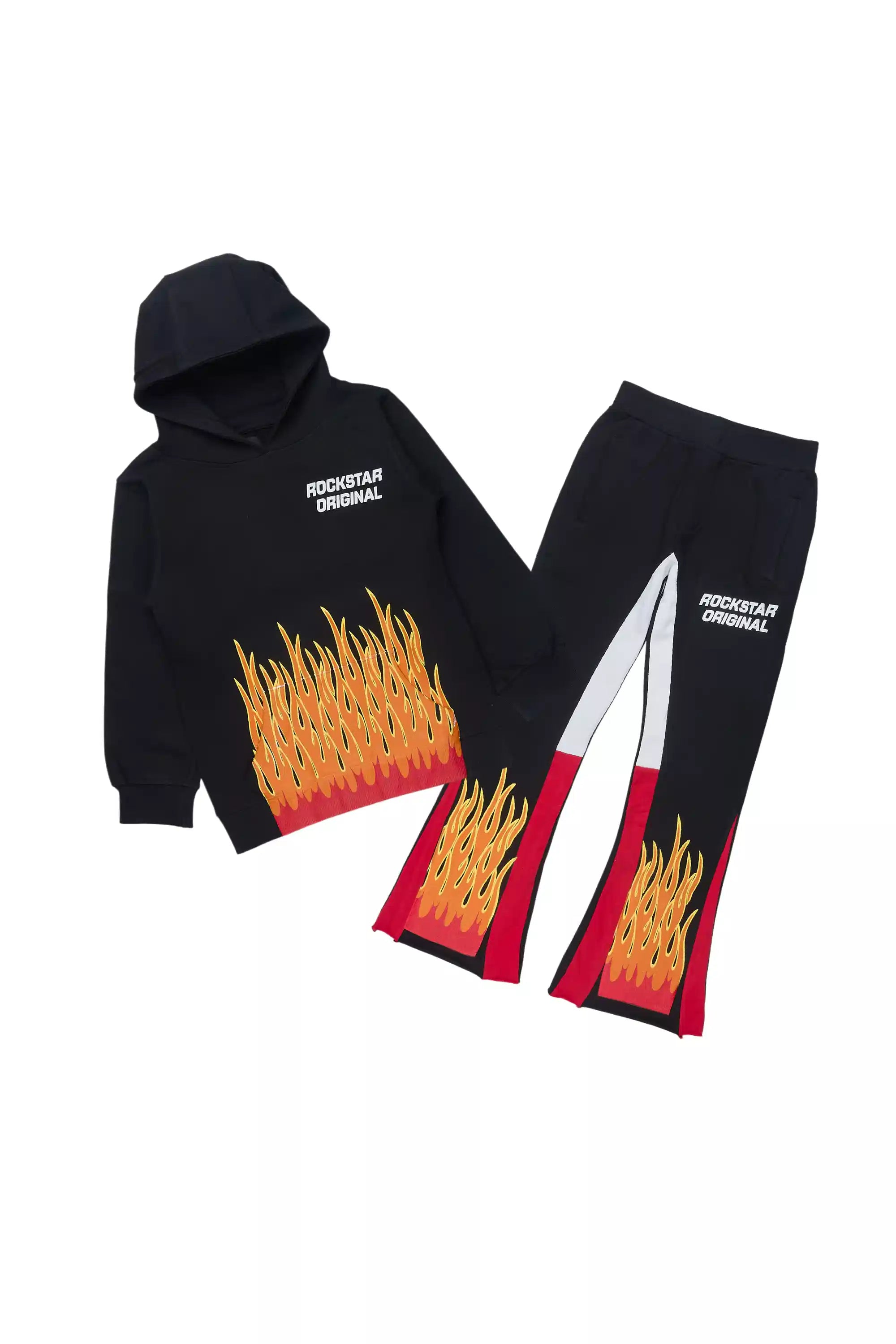 Boys Roeland Black/Red Stacked Flare Pant Set
