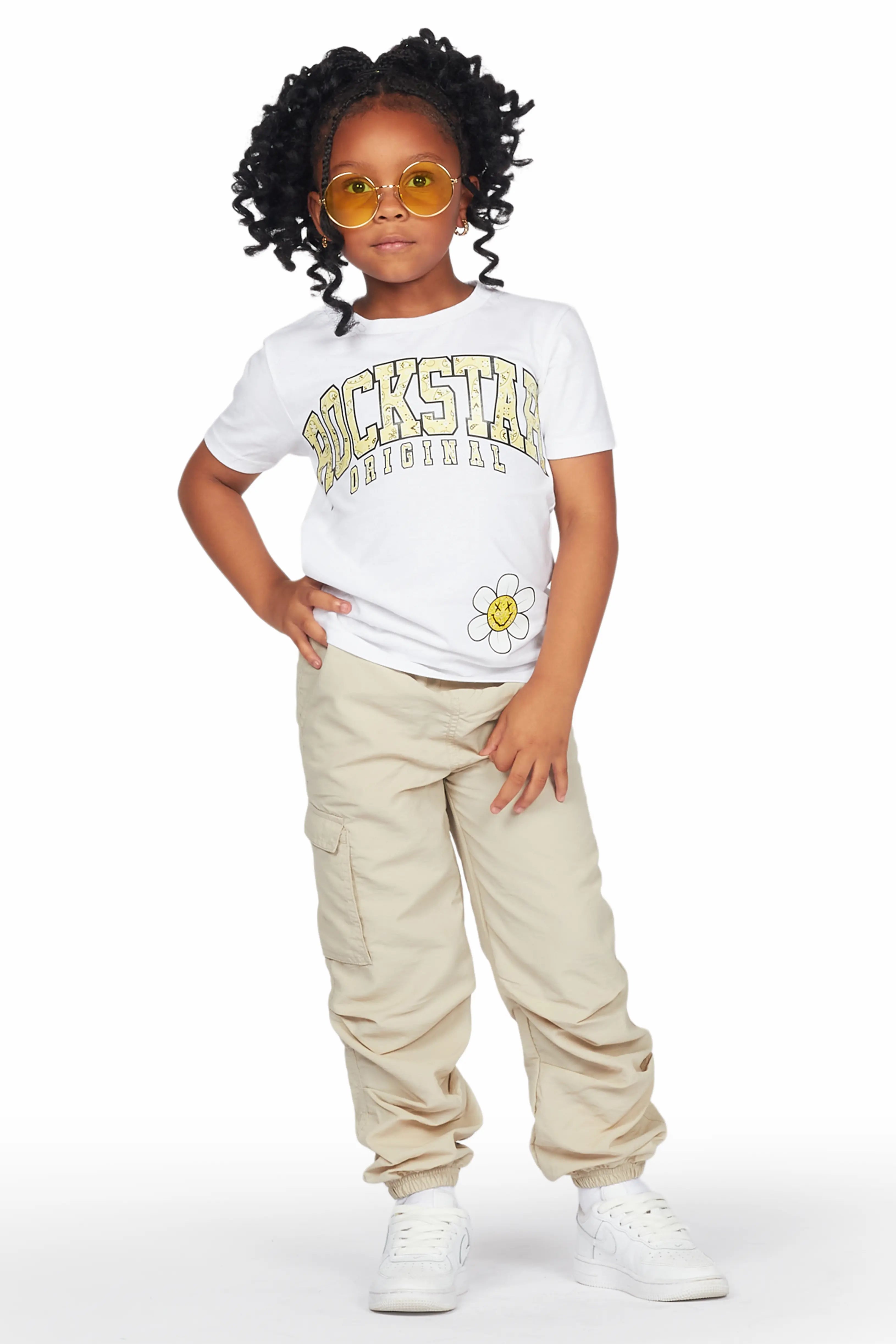 Girls Raisa White/Beige T-Shirt Cargo Jogger Set