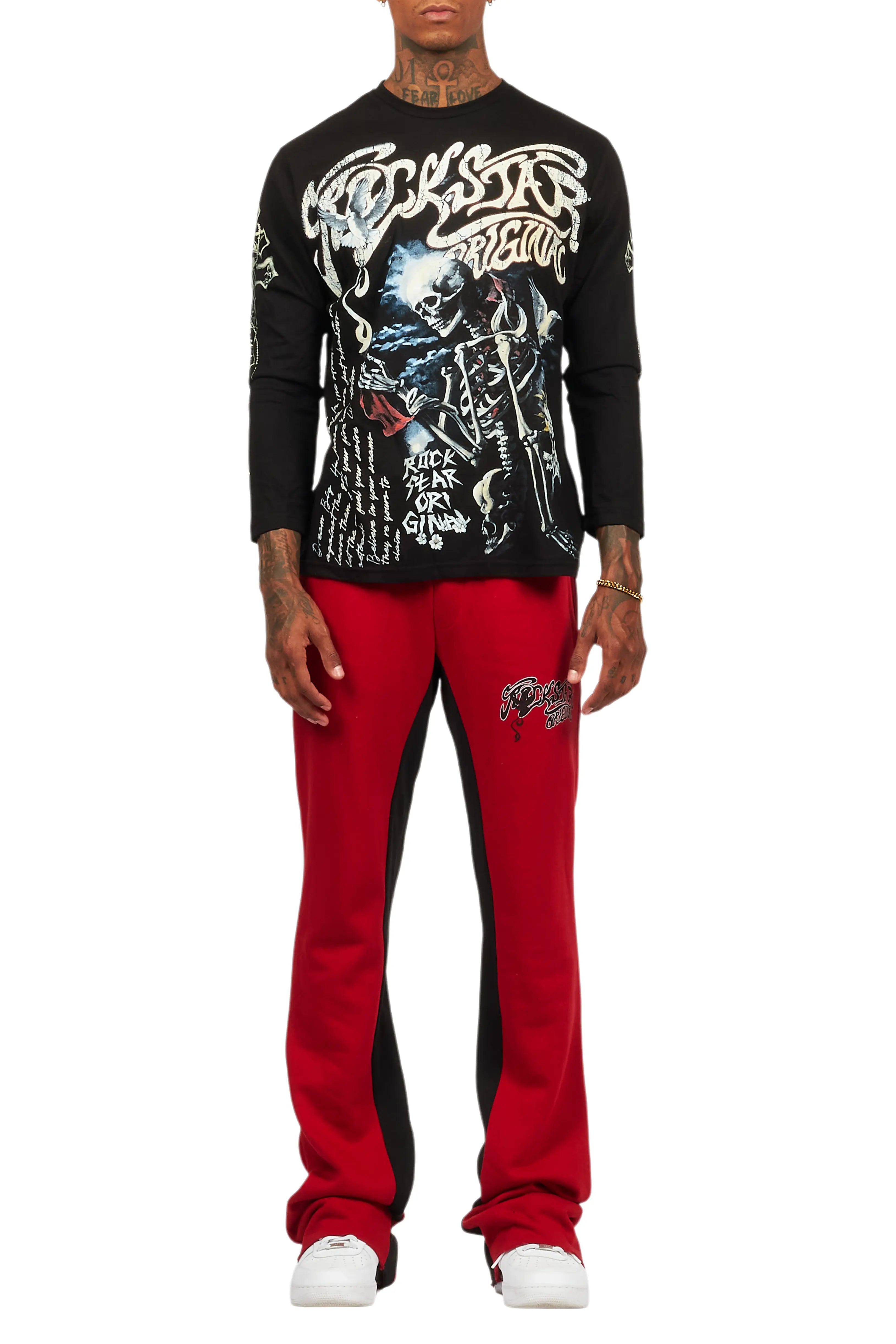 Danby Black/Burgundy Long Sleeve T-Shirt/Baggy Pant Set