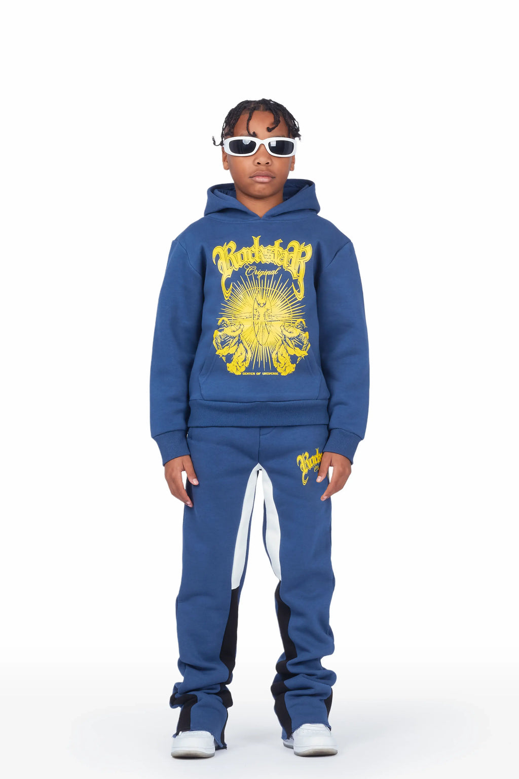 Boys Yarden Navy Hoodie Super Stacked Flare Track Set