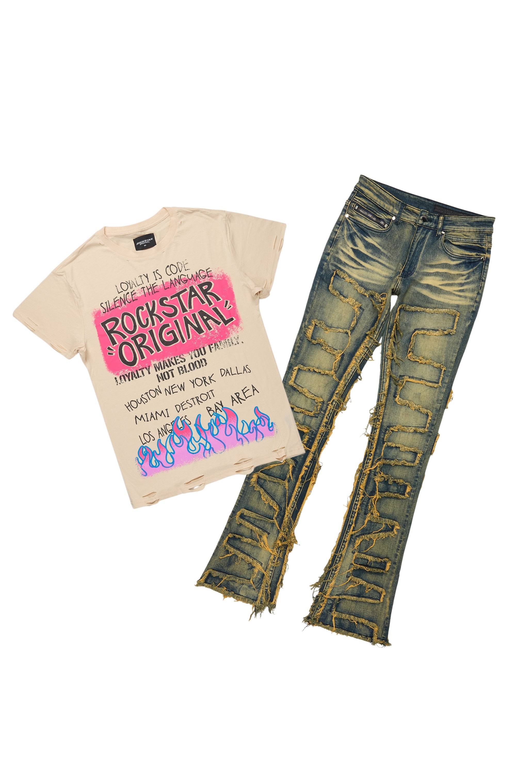 Beno Beige T-Shirt & Shake Tint Stacked Flare Jean Bundle