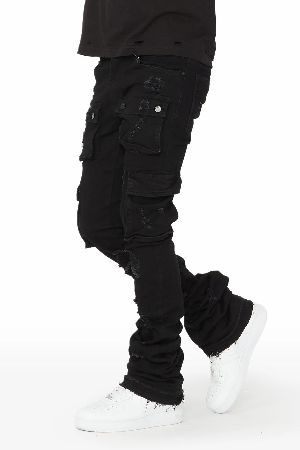 Zaire Black Cargo Super Stacked Flare Jean