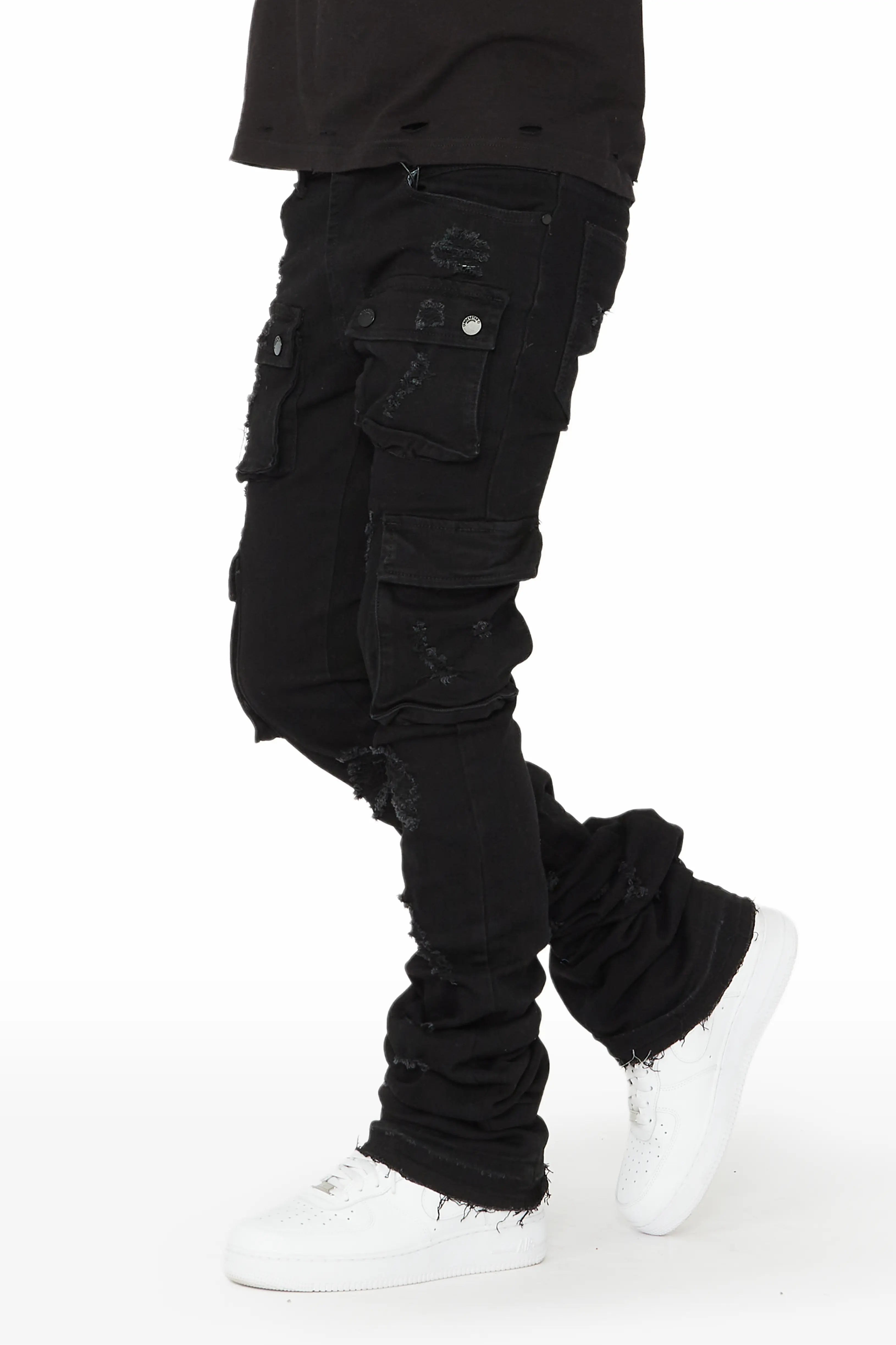 Zaire Black Cargo Super Stacked Flare Jean