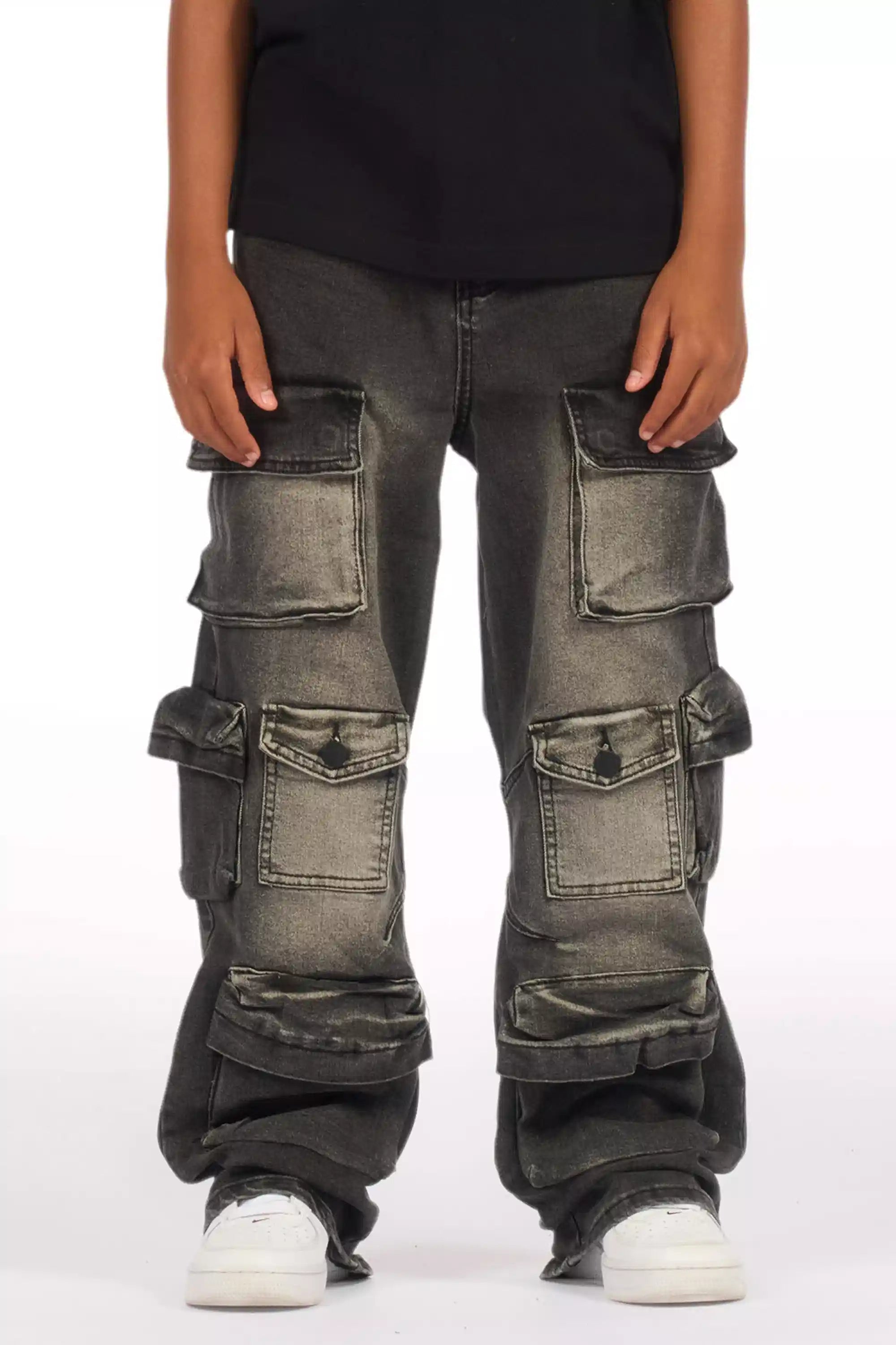 Boys Mahesh Dark Grey Tint Wash  Baggy Cargo Jean