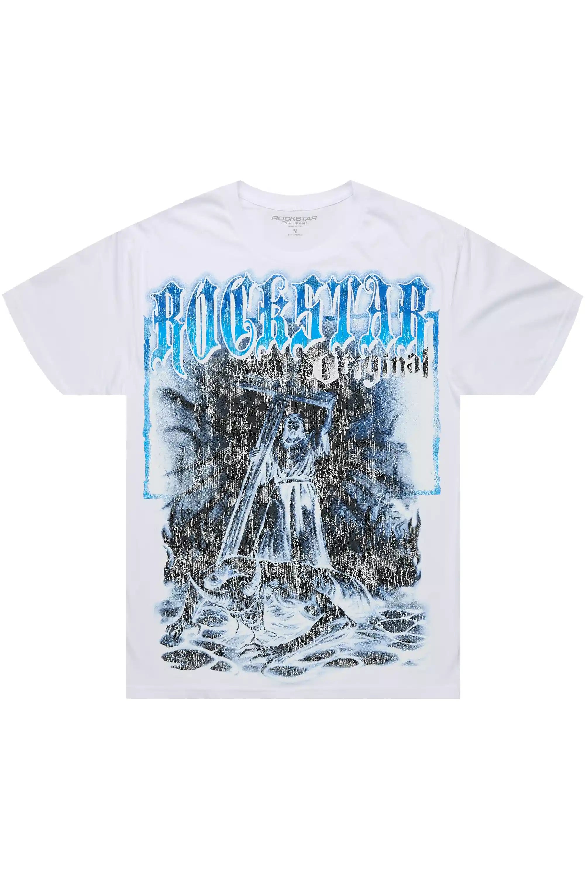 Renzo White/Blue Oversized Graphic T-Shirt