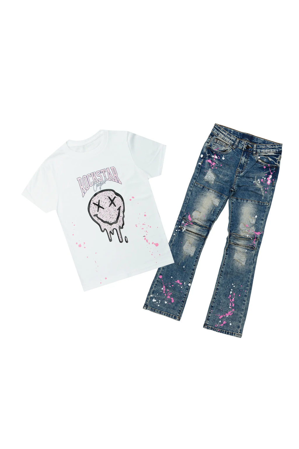 Girls Yanka White T-Shirt/Stacked Flare Jean Set
