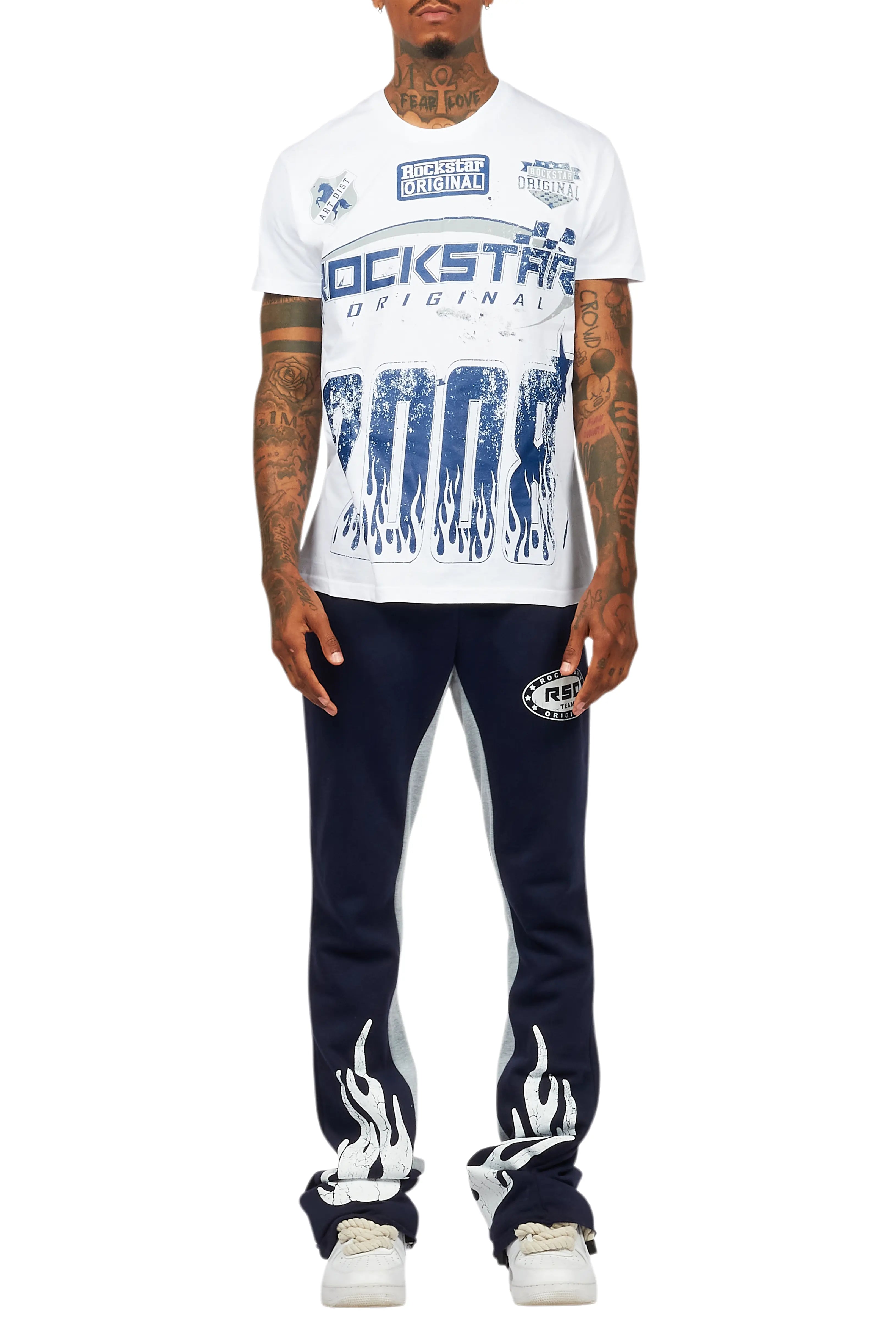 Amos White/Navy T-Shirt/Stacked Baggy Track Pant Set