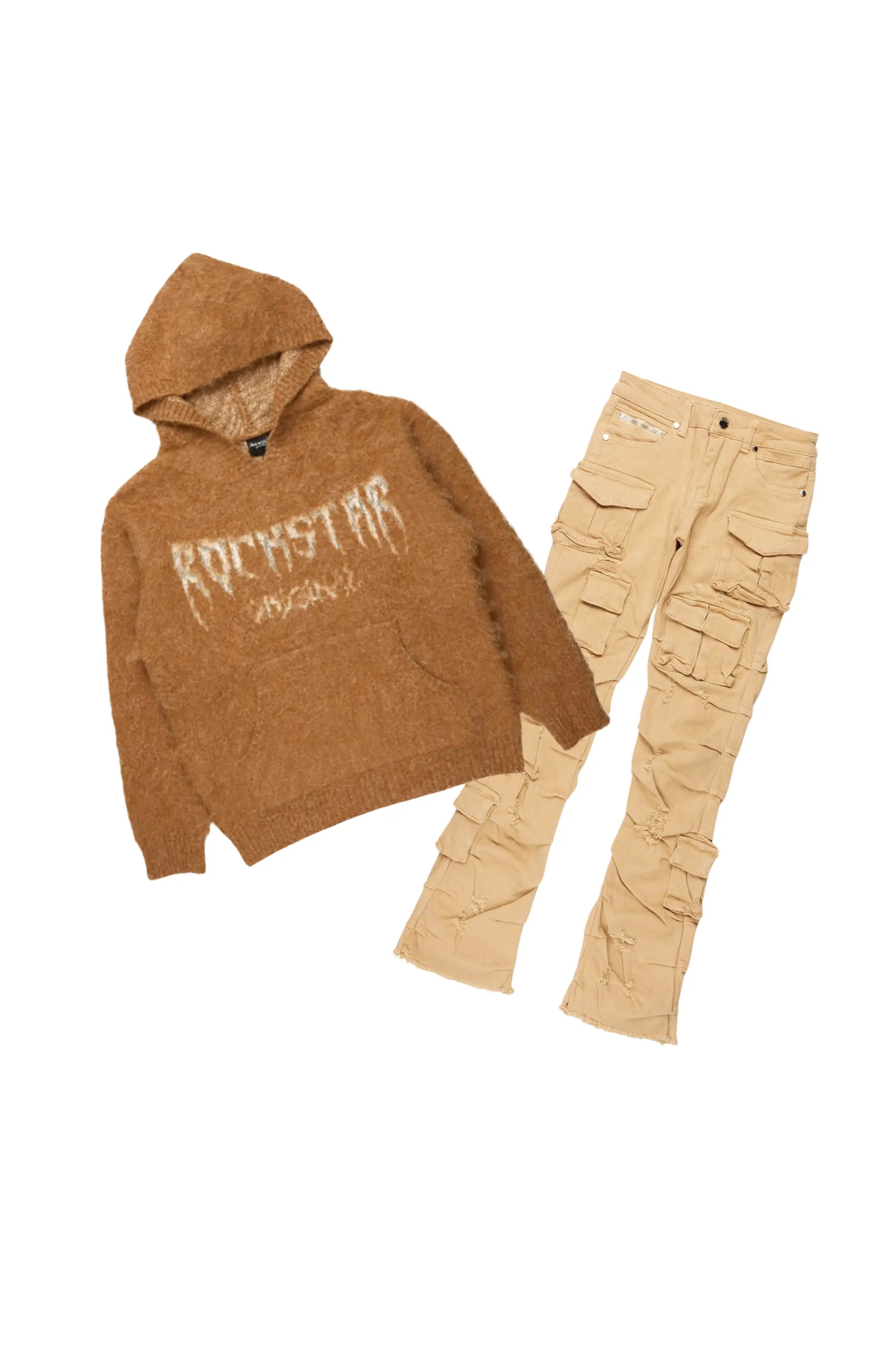 Boys Andros Brown Mohair Hoodie/Stacked Flare Jean Set