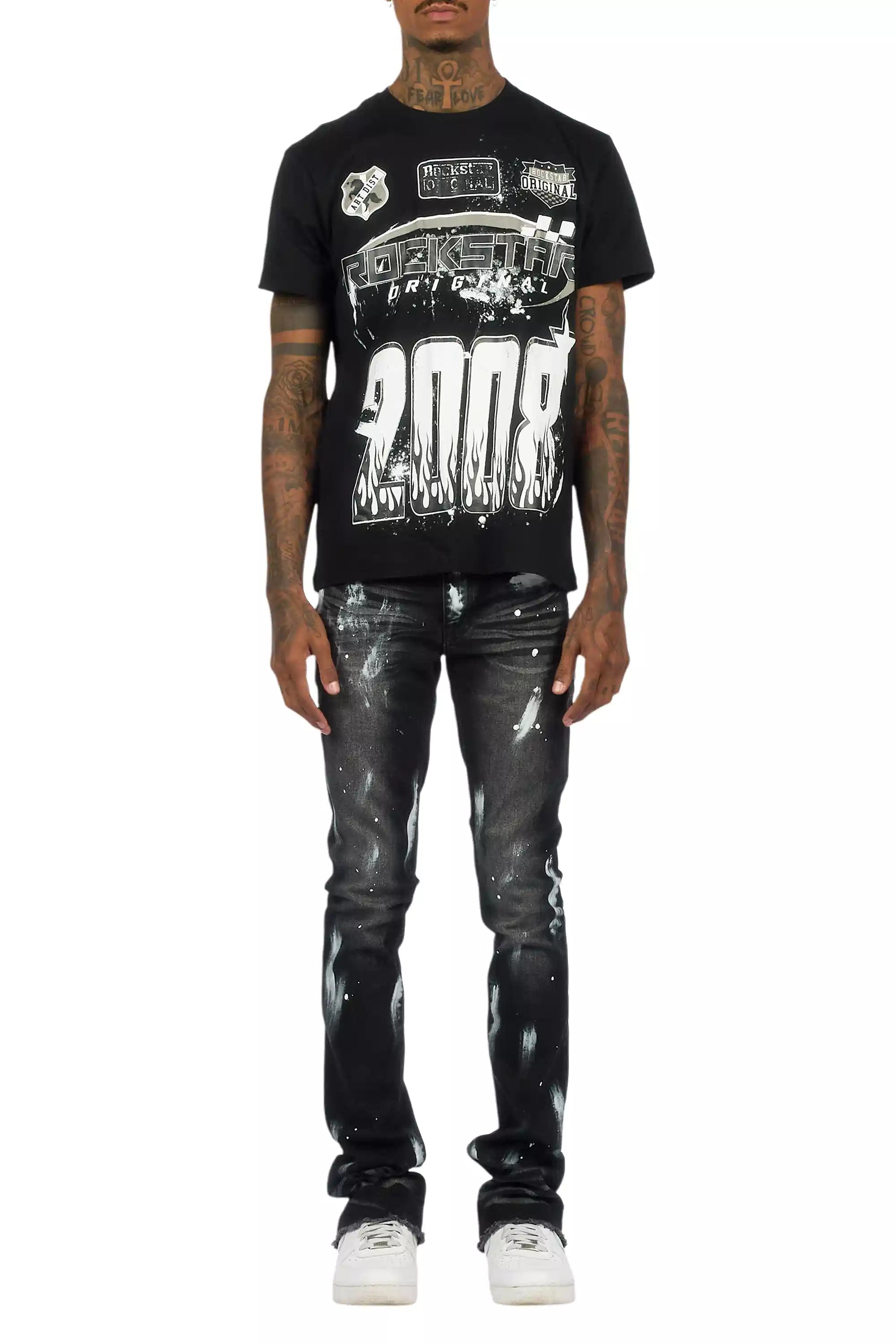 Amos Black T-Shirt/Painted Stacked Flare Jean