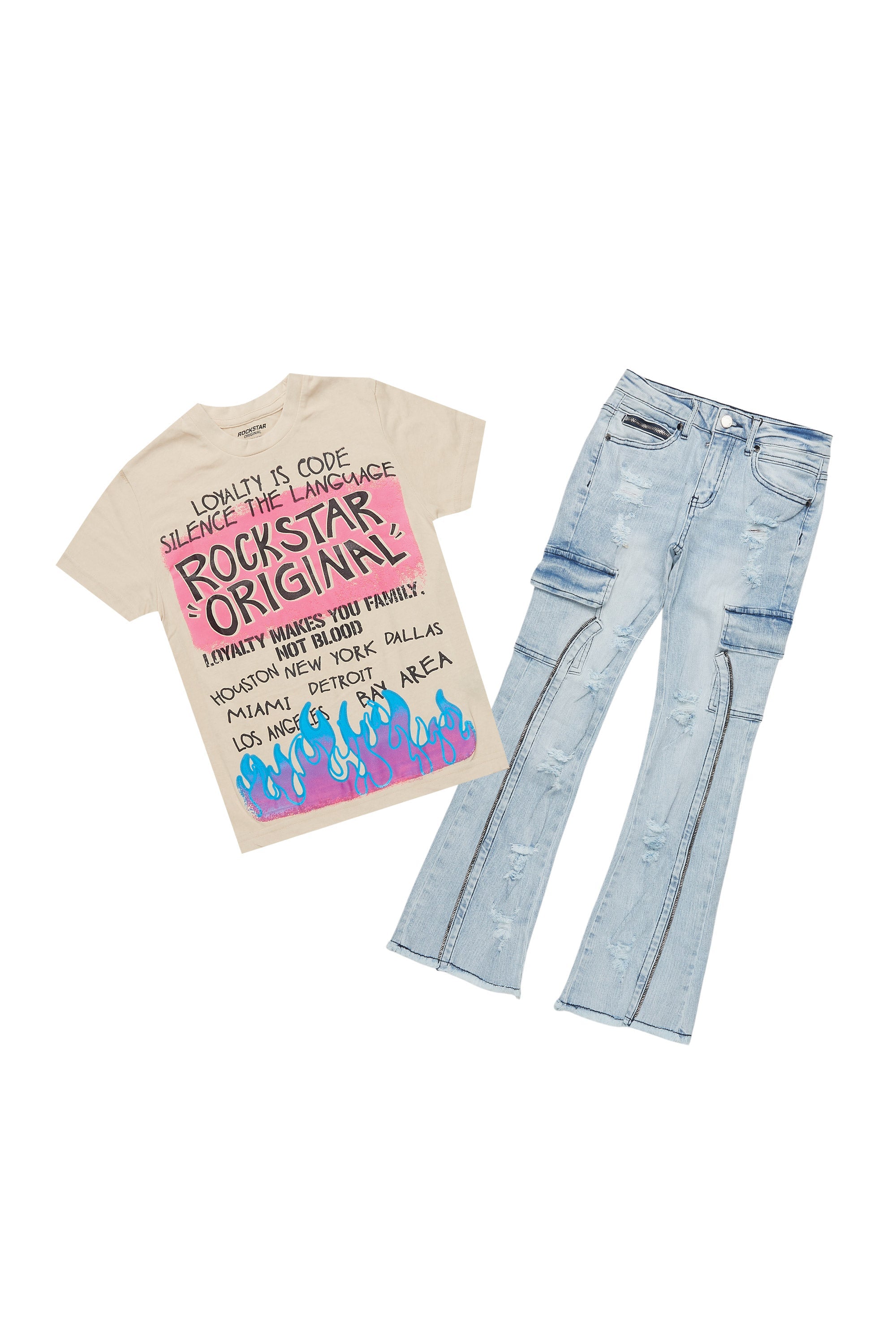 Boys Beno Beige/Pink T-Shirt/Stacked Flare Jean Set